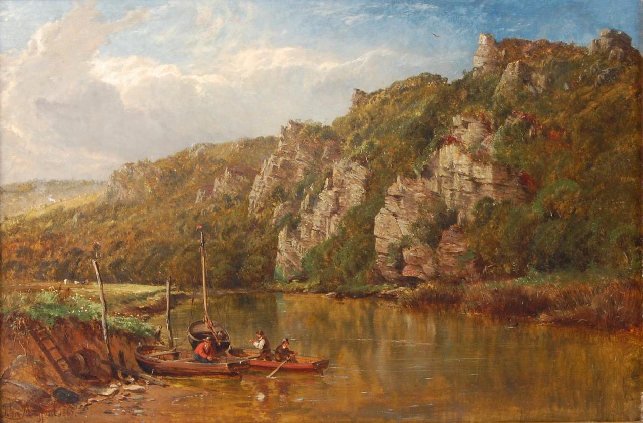 Unknown Figurative Painting - Tranquil Estuary Fishermen in Boats, Antique Signed English Oil Painting 