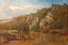 Tranquil Estuary Fishermen in Boats, Antique Signed English Oil Painting 