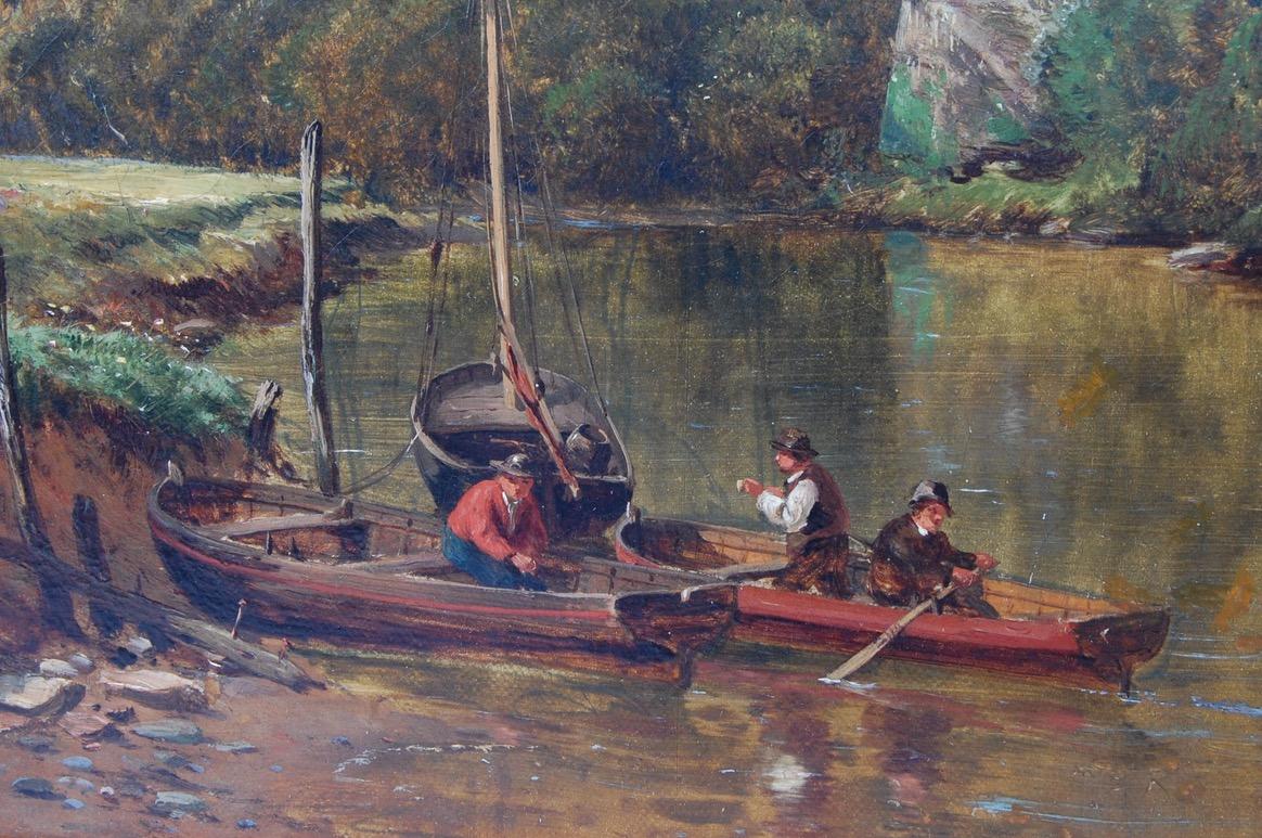 Tranquil Estuary Fishermen in Boats, Antique Signed English Oil Painting  4