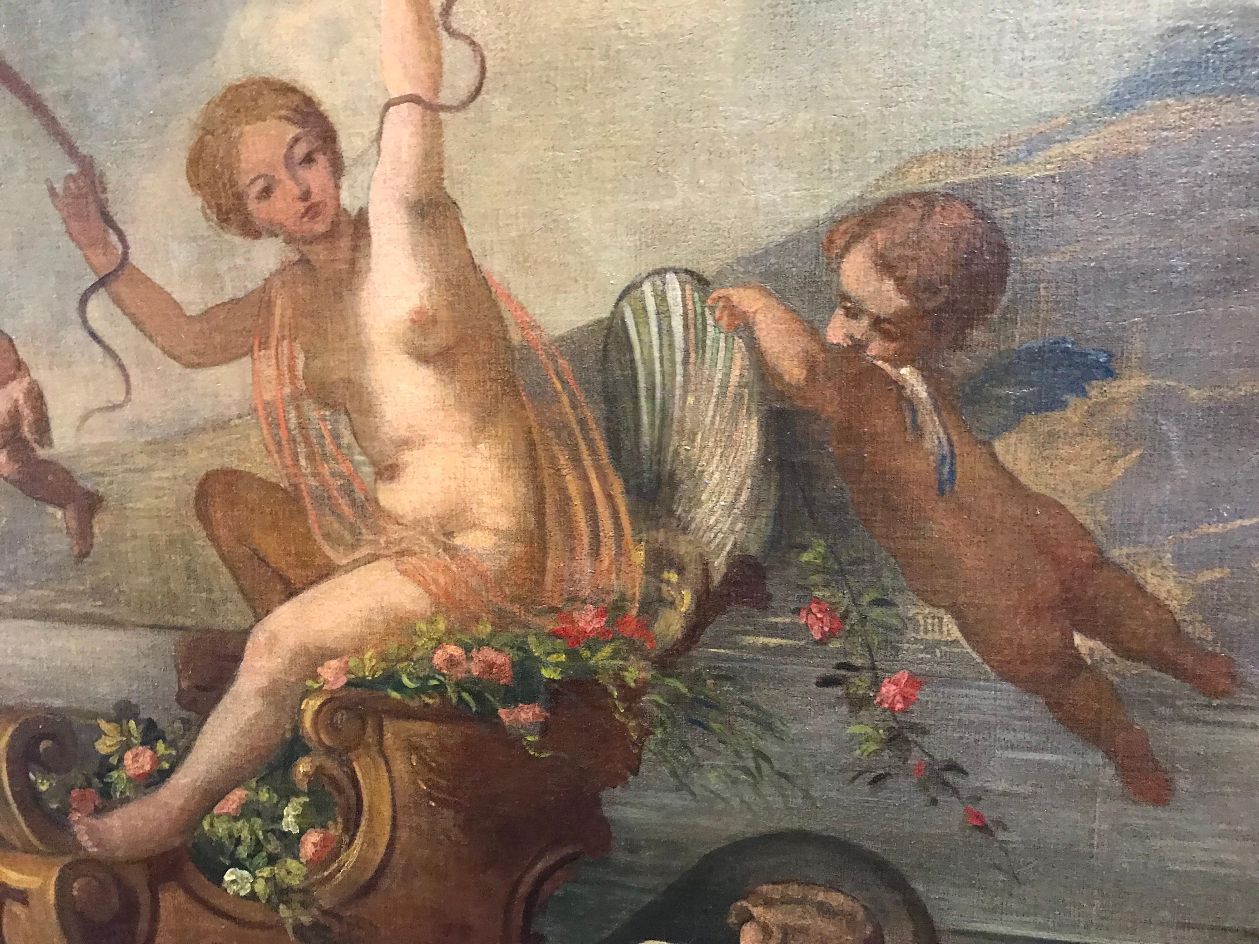 Amphitrit & die Putten – Außergewöhnliches italienisches klassisches Ölgemälde des 18. Jahrhunderts (Braun), Figurative Painting, von Unknown