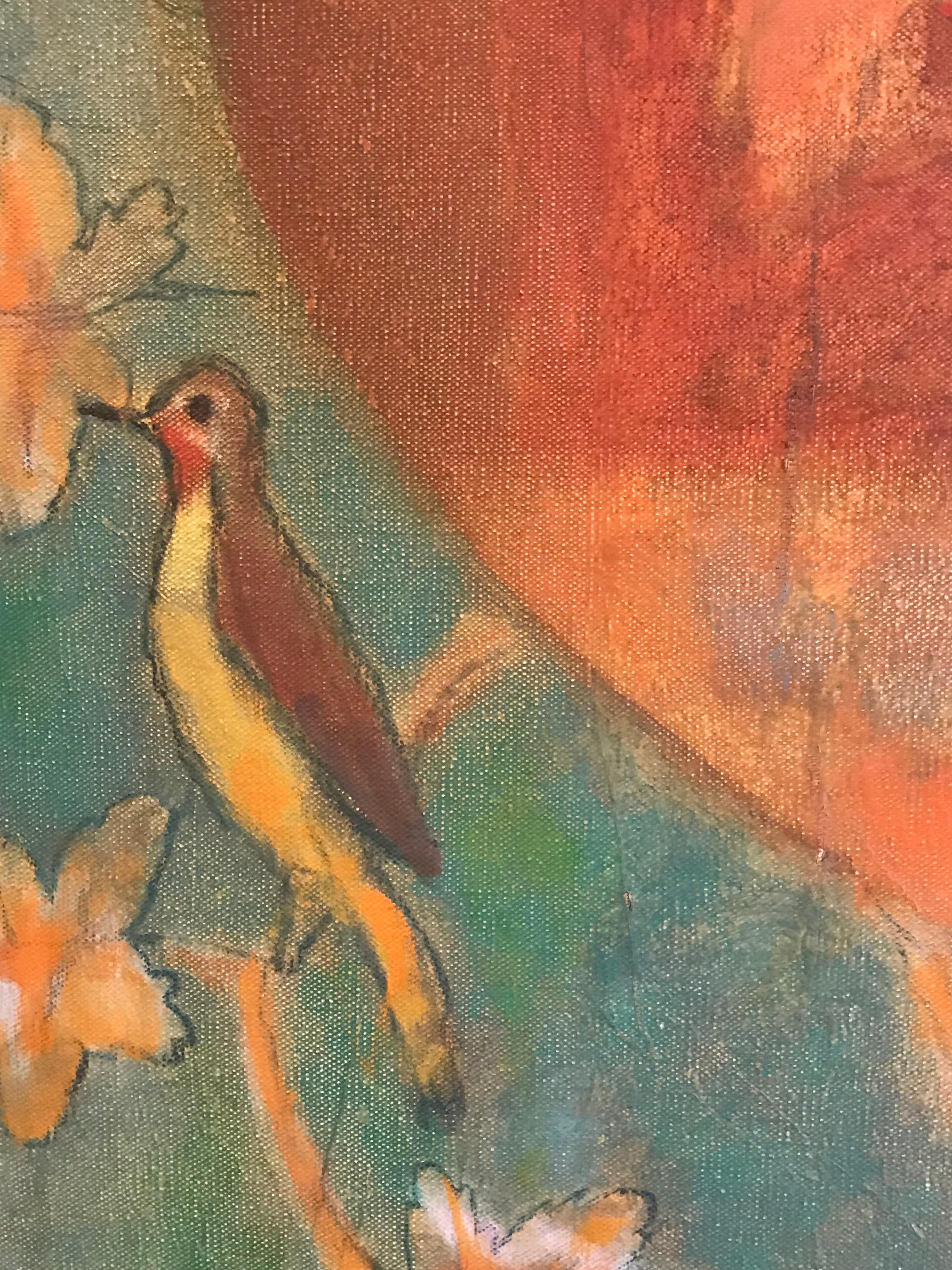 Large Modernist Still Life Ochre Colours with Birds 1