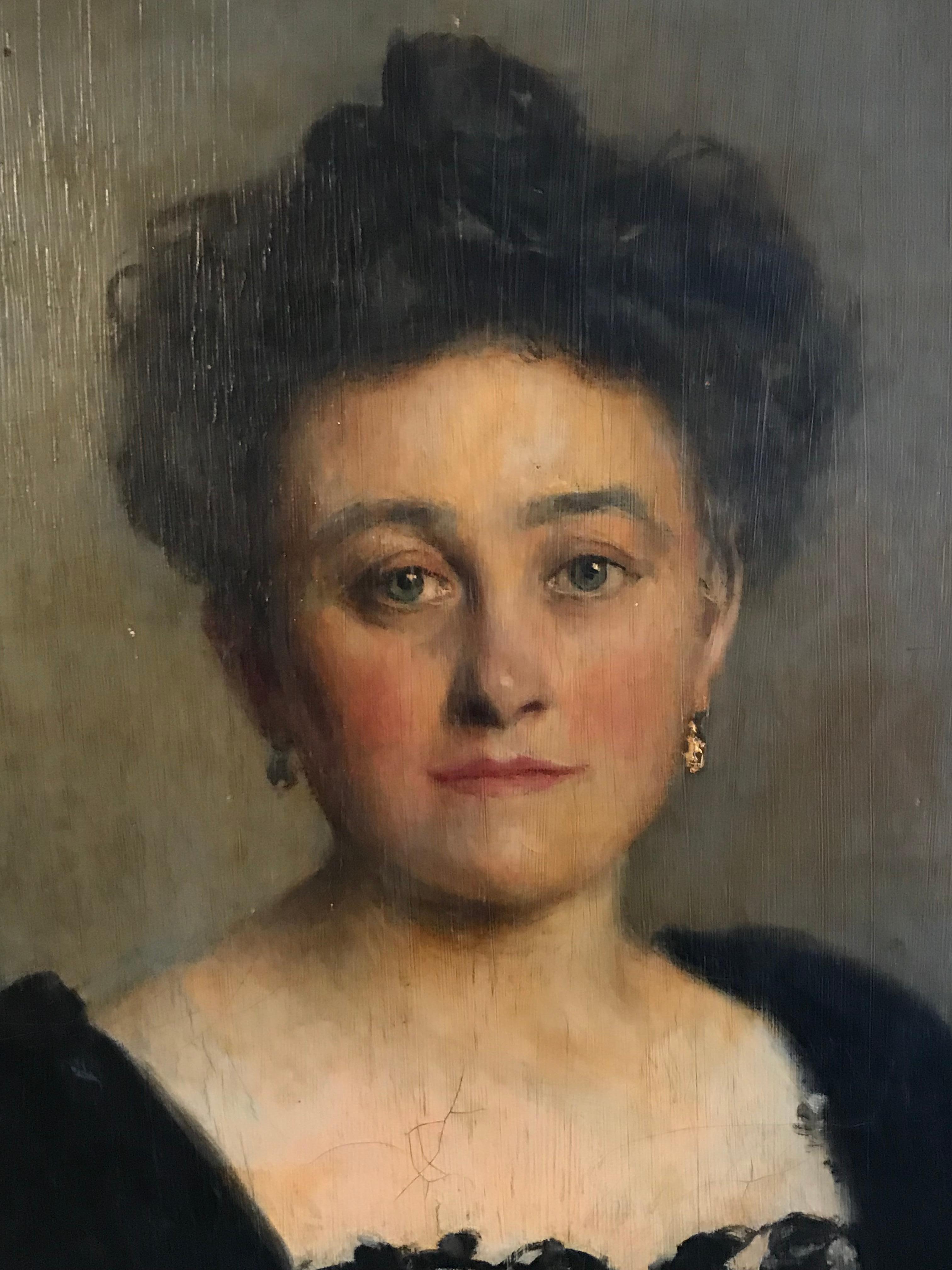 Portrait of a Lady 1904 in a Black Dress, Large Oval Oil on Canvas 5