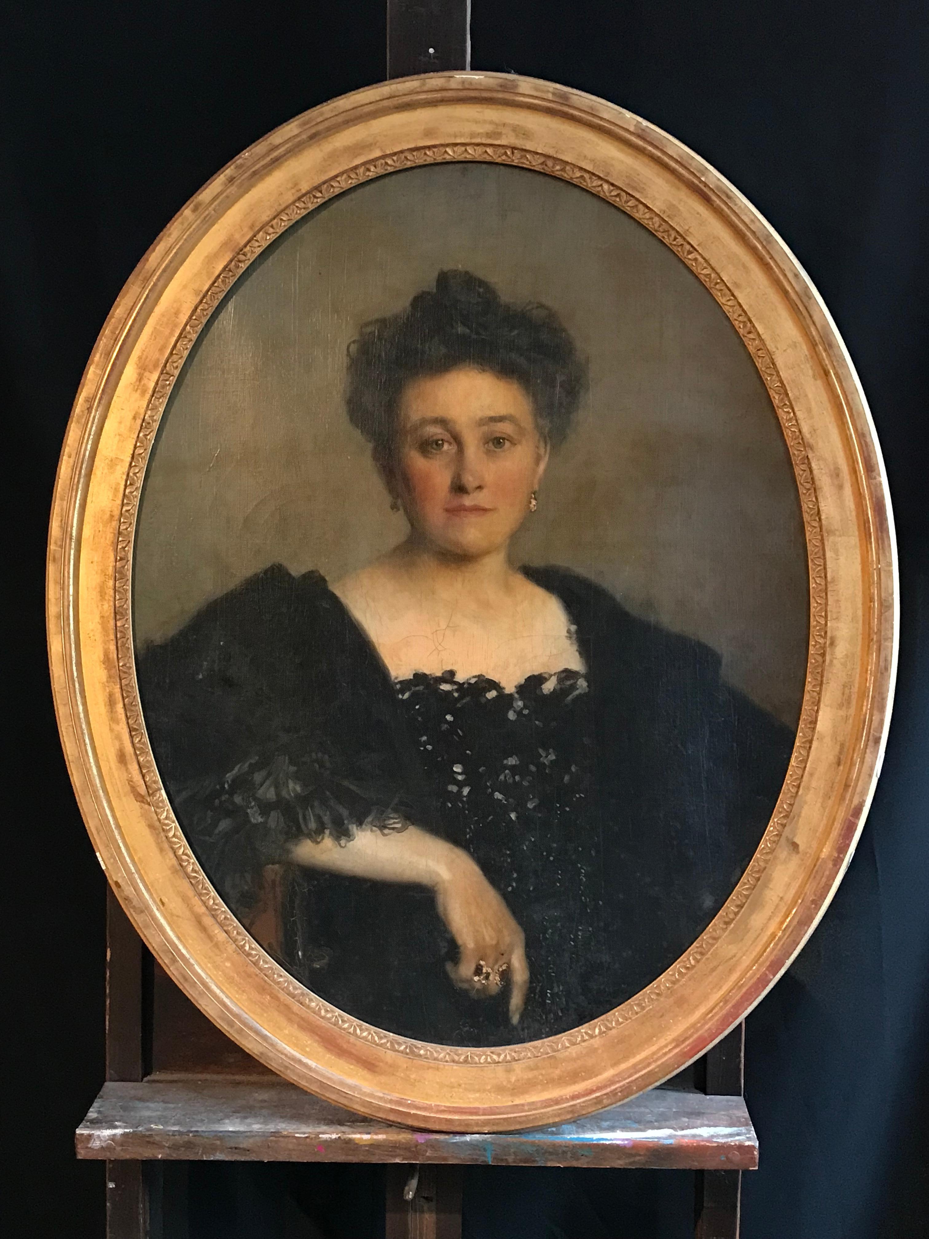 Portrait of a Lady 1904 in a Black Dress, Large Oval Oil on Canvas - Painting by François Flameng