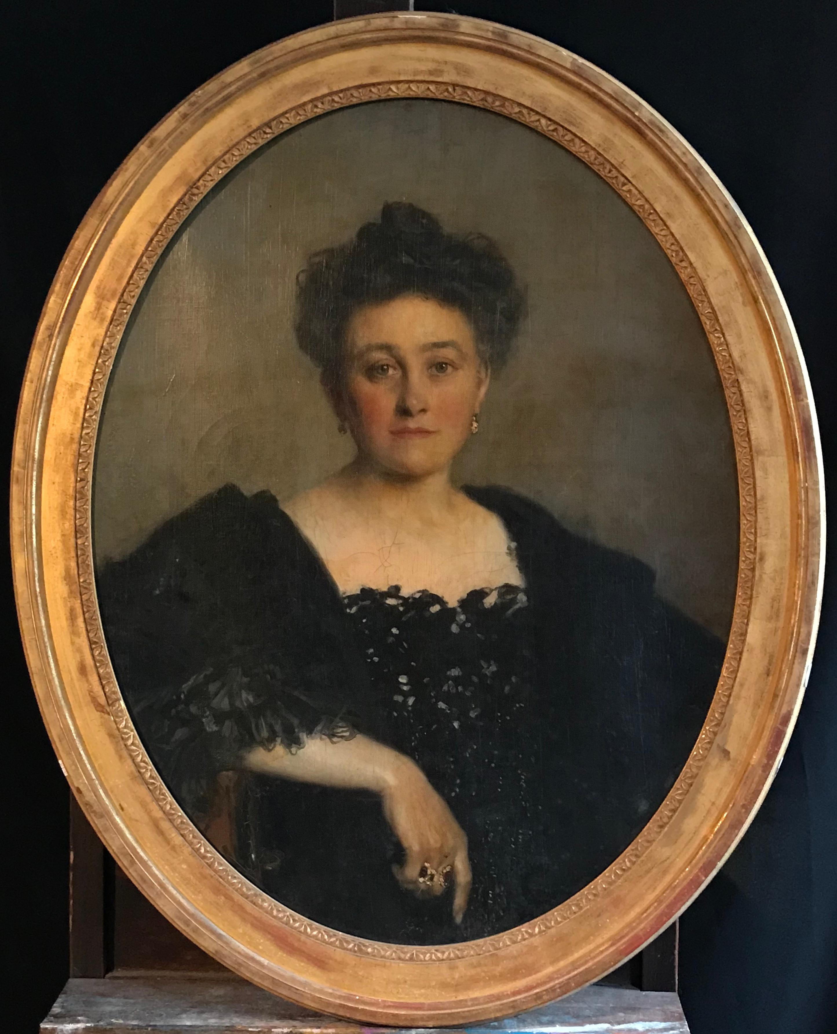 François Flameng Portrait Painting - Portrait of a Lady 1904 in a Black Dress, Large Oval Oil on Canvas