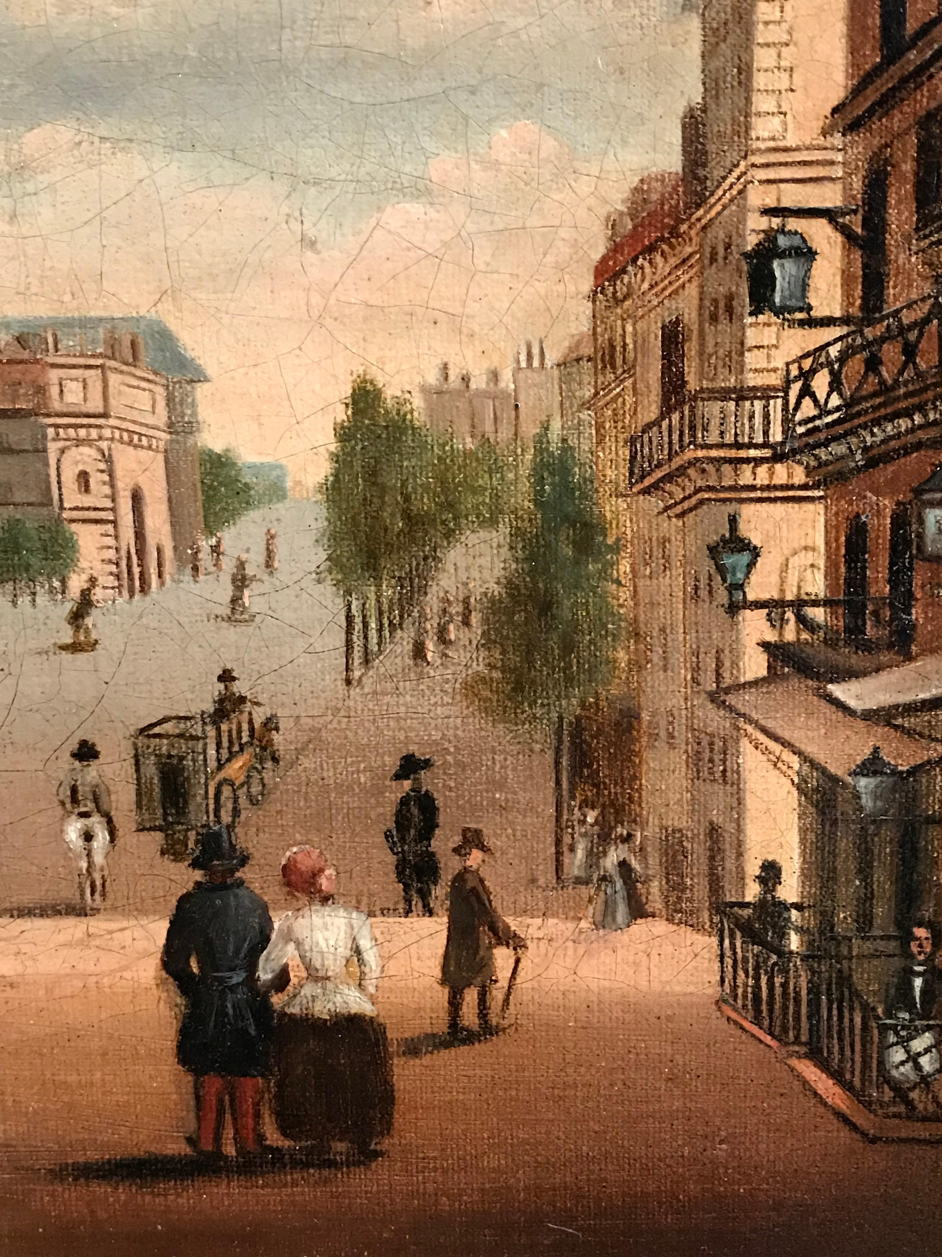 1820's View of Paris Boulevard Busy Scene, signed 19th century oil painting - Beige Landscape Painting by Unknown