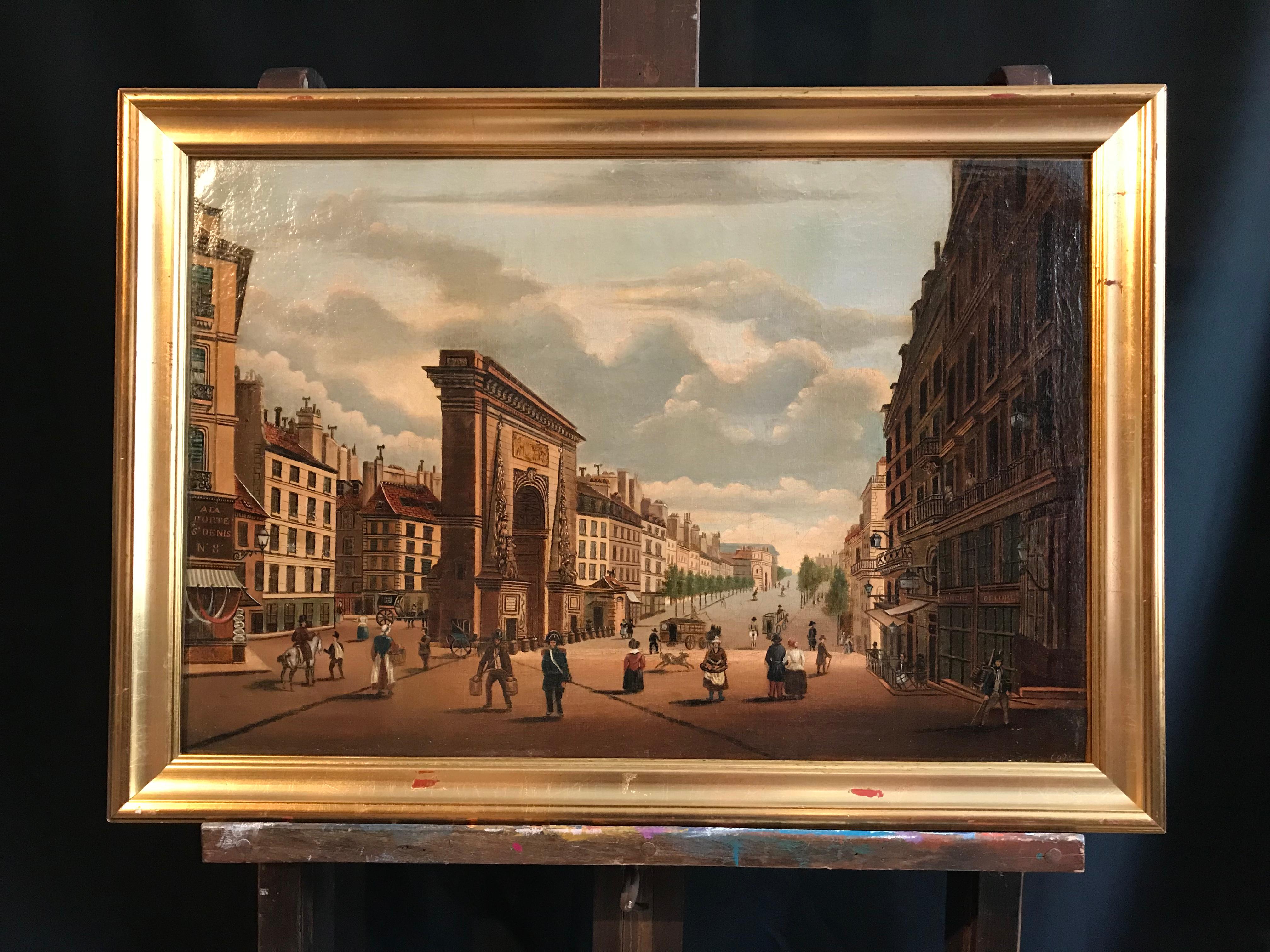 1820's View of Paris Boulevard Busy Scene, signed 19th century oil painting - Painting by Unknown