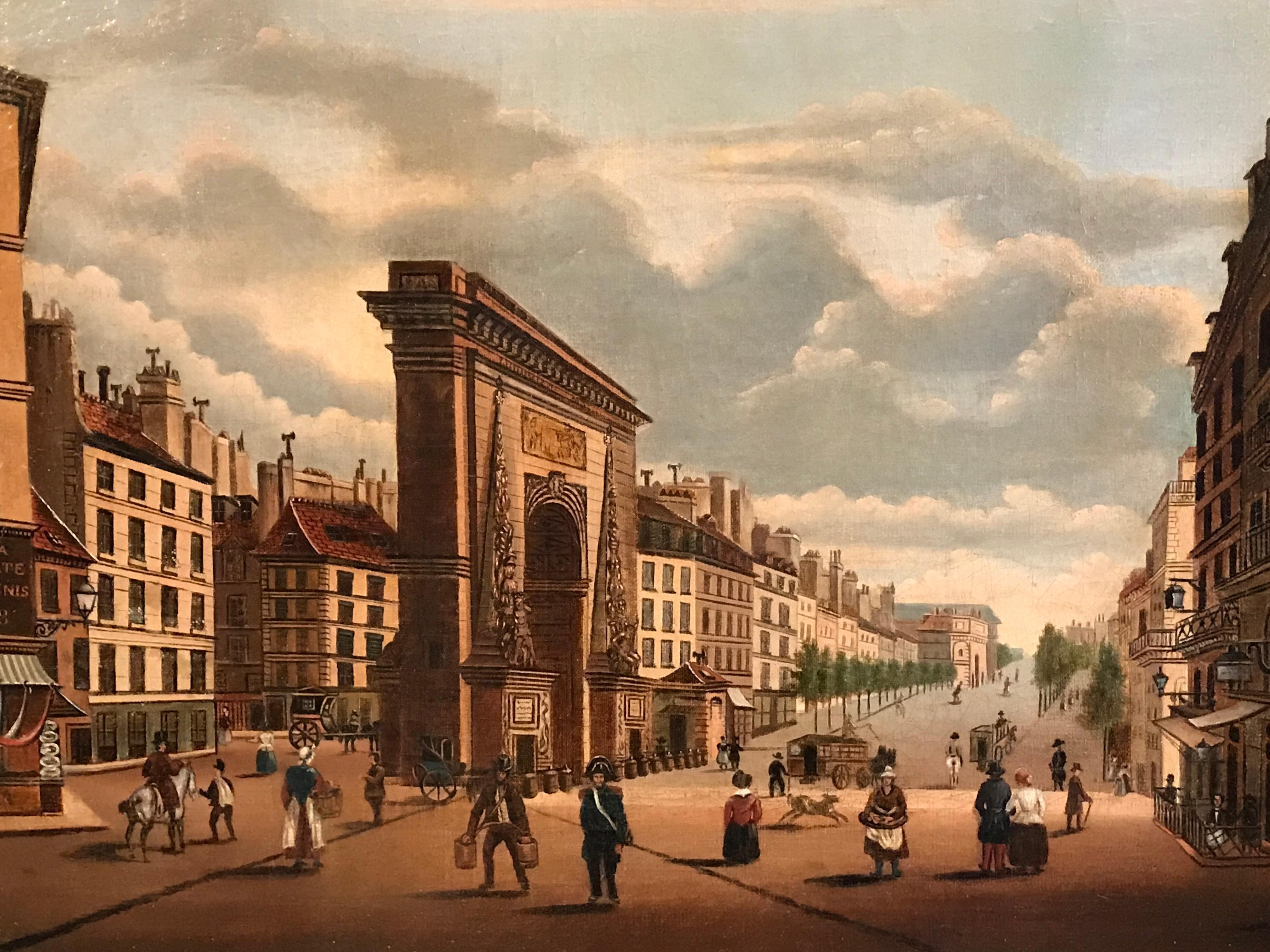 Unknown Landscape Painting - 1820's View of Paris Boulevard Busy Scene, signed 19th century oil painting