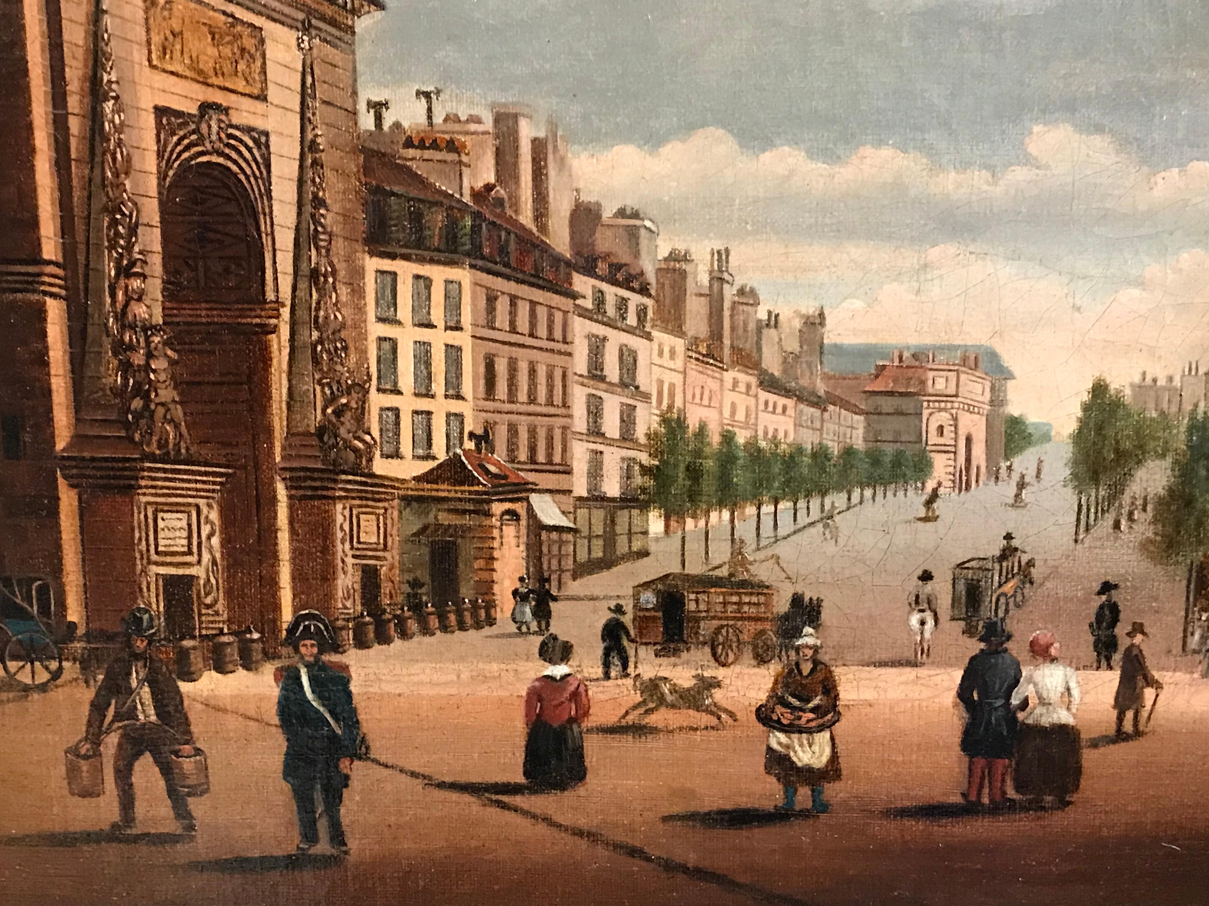1820's View of Paris Boulevard Busy Scene, signed 19th century oil painting - Realist Painting by Unknown