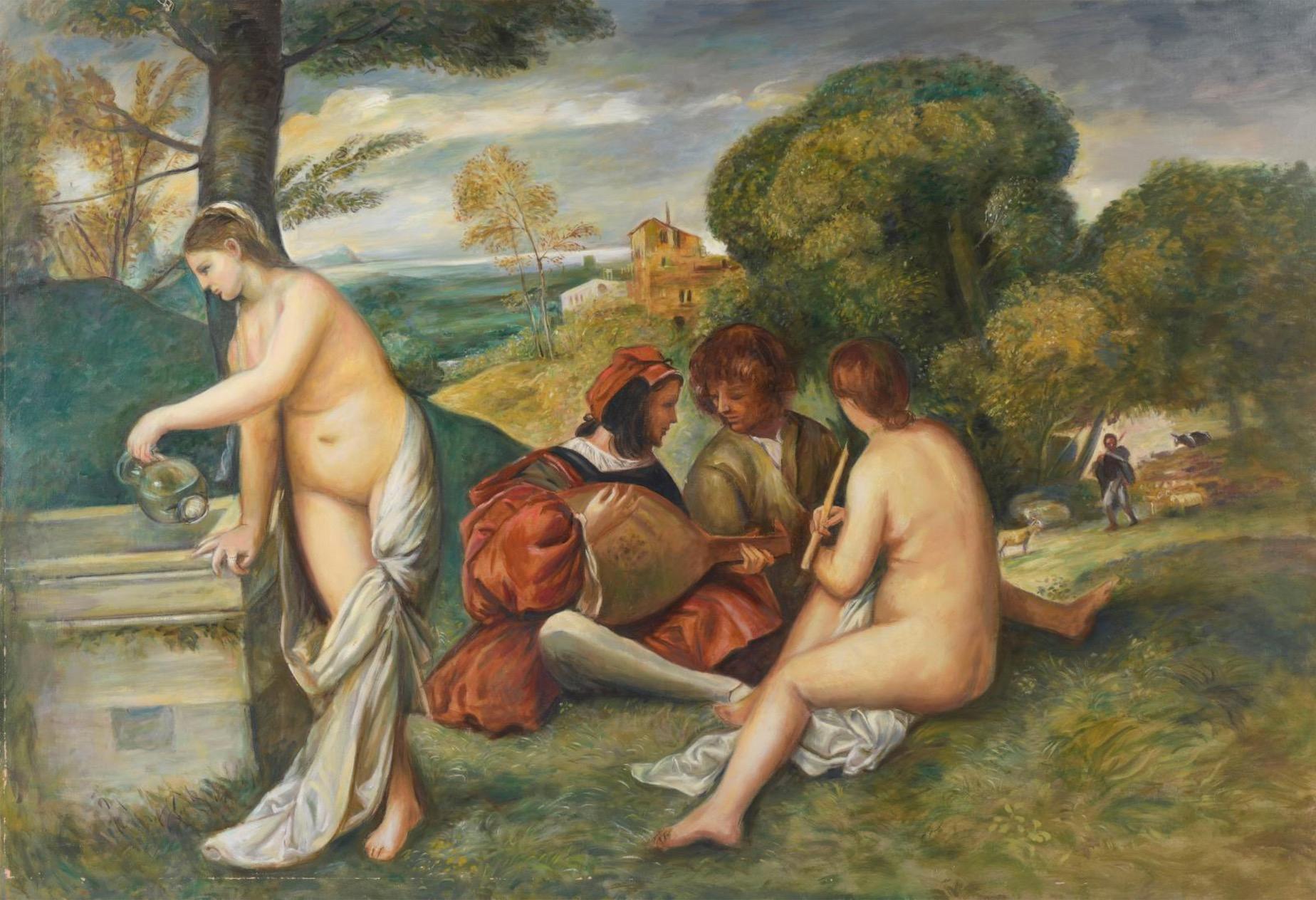 Atelier Dagher after Vecellio (1488/1490 – 1576) Nude Painting - The Country Concert, Large Oil Painting on Canvas by Louvre Copyist