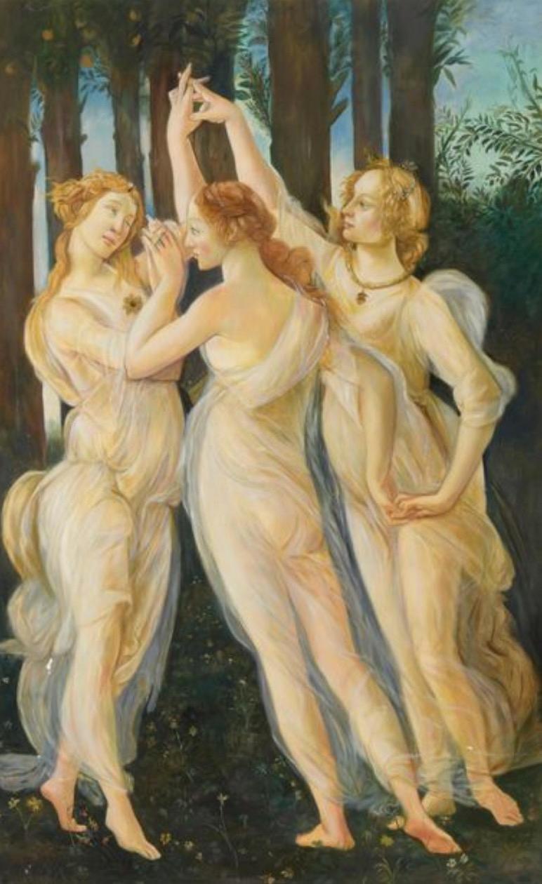 Atelier Dagher after Botticelli (1445-1510) Figurative Painting - The Three Graces, Large Oil Painting on Canvas by Louvre Copyist