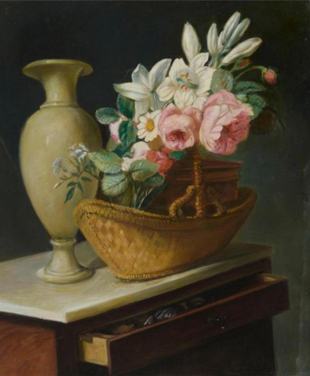 Figurative Painting di Atelier Dagher after Antoine Berjon (1754-1843) - Vaso di fiori in una scena d'interni, grande dipinto a olio su tela del copista del Louvre