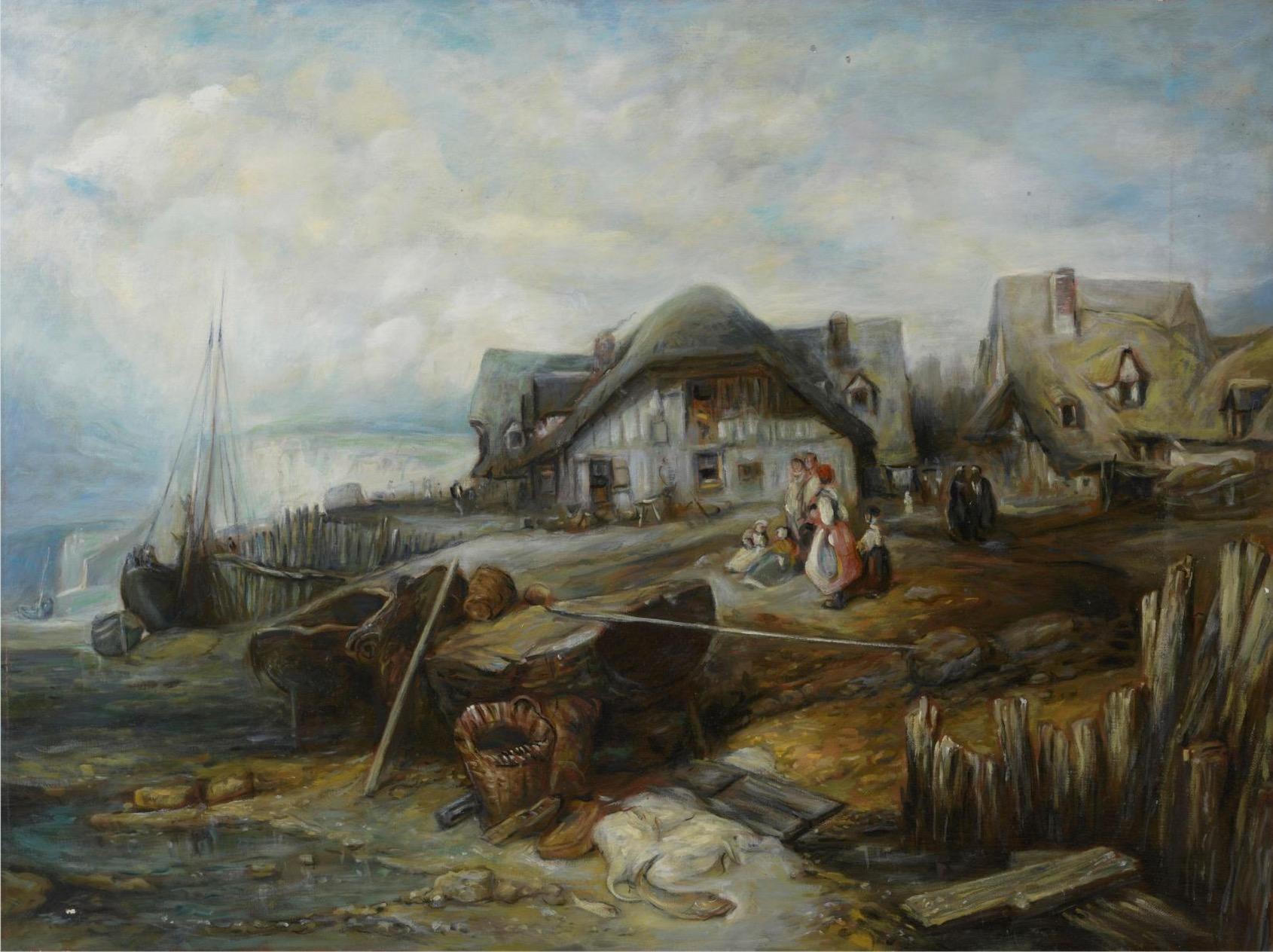 Atelier Dagher after Eugène Isabey (1804-1886) Figurative Painting - Beach at Low Tide, Large Oil Painting on Canvas by Louvre Copyist