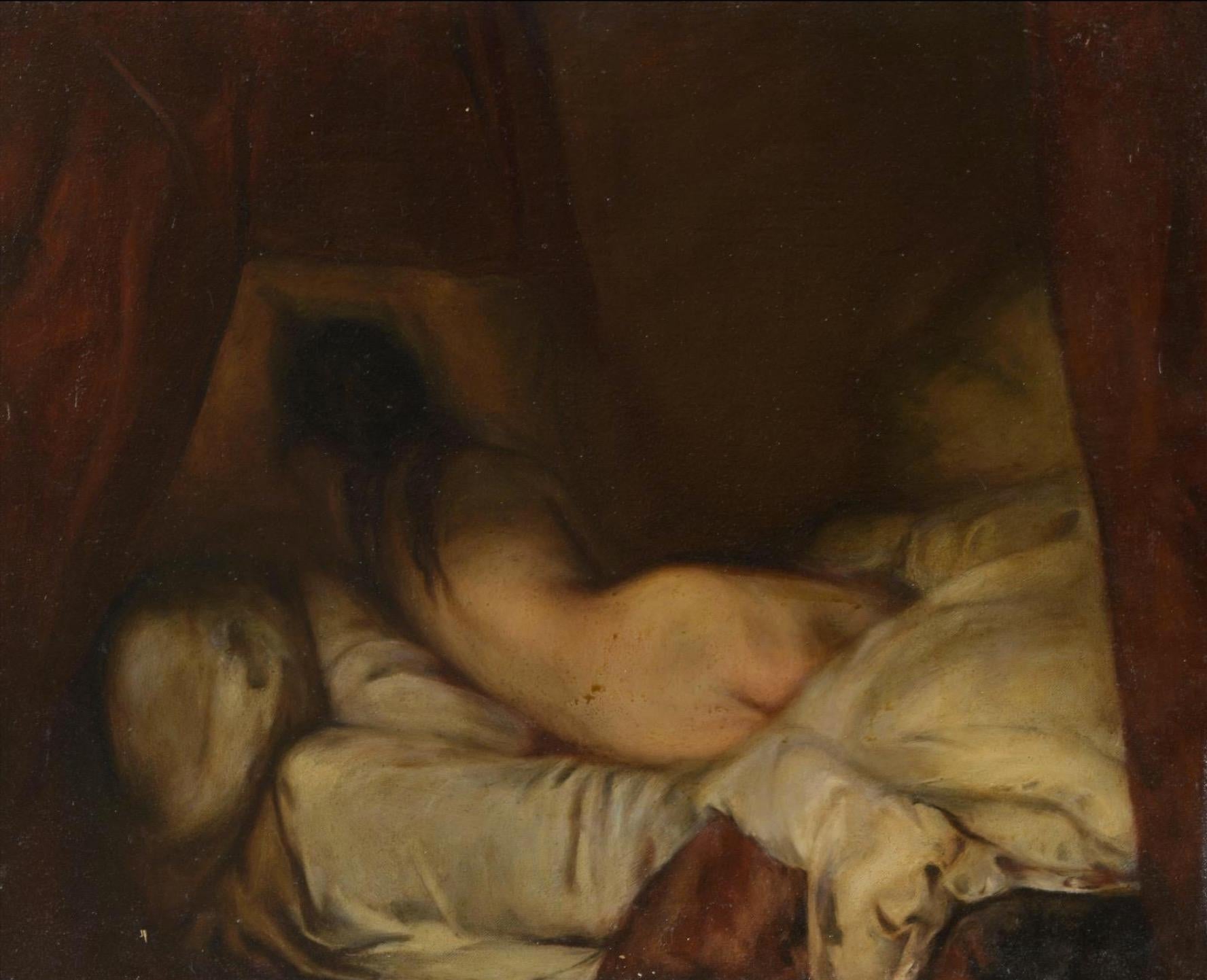 Atelier Dagher after Millet (1814-1875) Figurative Painting - Nude Woman Lying Down, Large Oil Painting on Canvas by Louvre Copyist