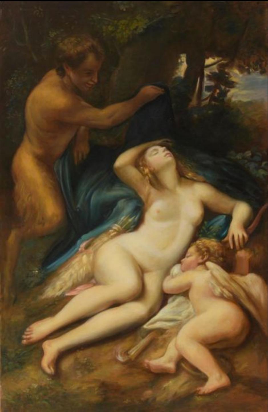 Atelier Dagher after Allegri da CORREGGIO (c.1489-1534) Figurative Painting - Sleeping Nymph and Love, Large Oil Painting on Canvas by Louvre Copyist