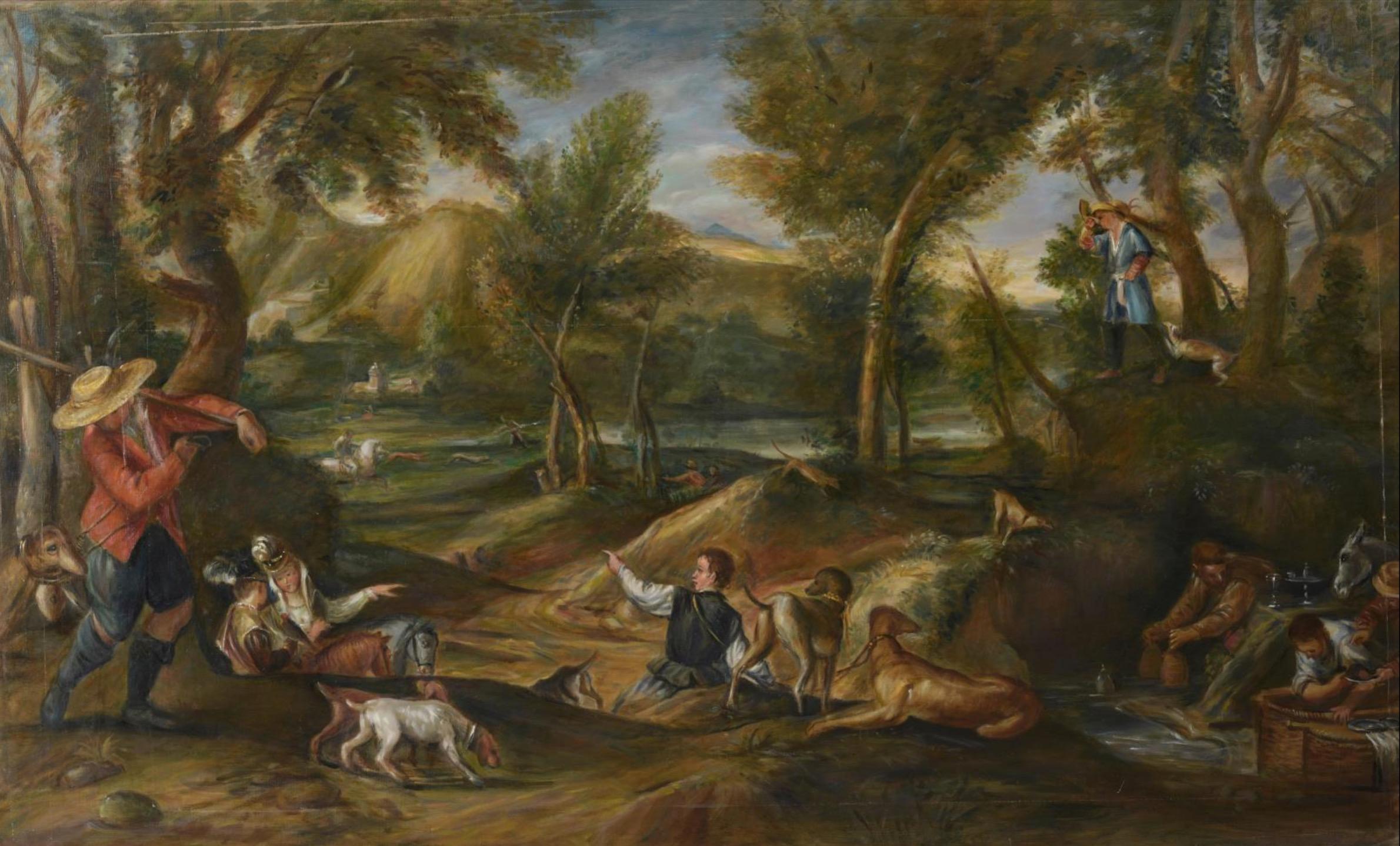 Atelier Dagher after Carracci (1560-1609) Figurative Painting - The Hunt, Large Oil Painting on Canvas by Louvre Copyist