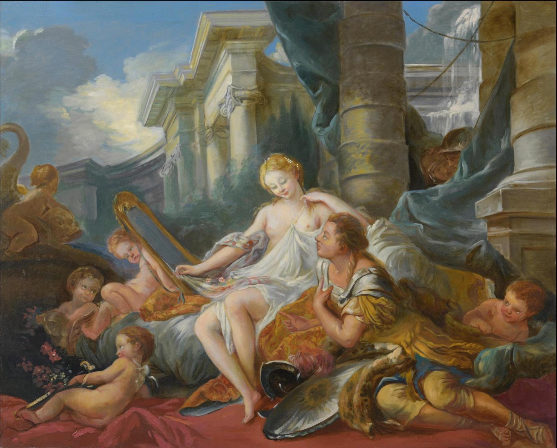 Atelier Dagher after François Boucher (1703-1770)  Nude Painting – Renaud und Armide, großes Ölgemälde auf Leinwand von Louvre Copyist, Groß