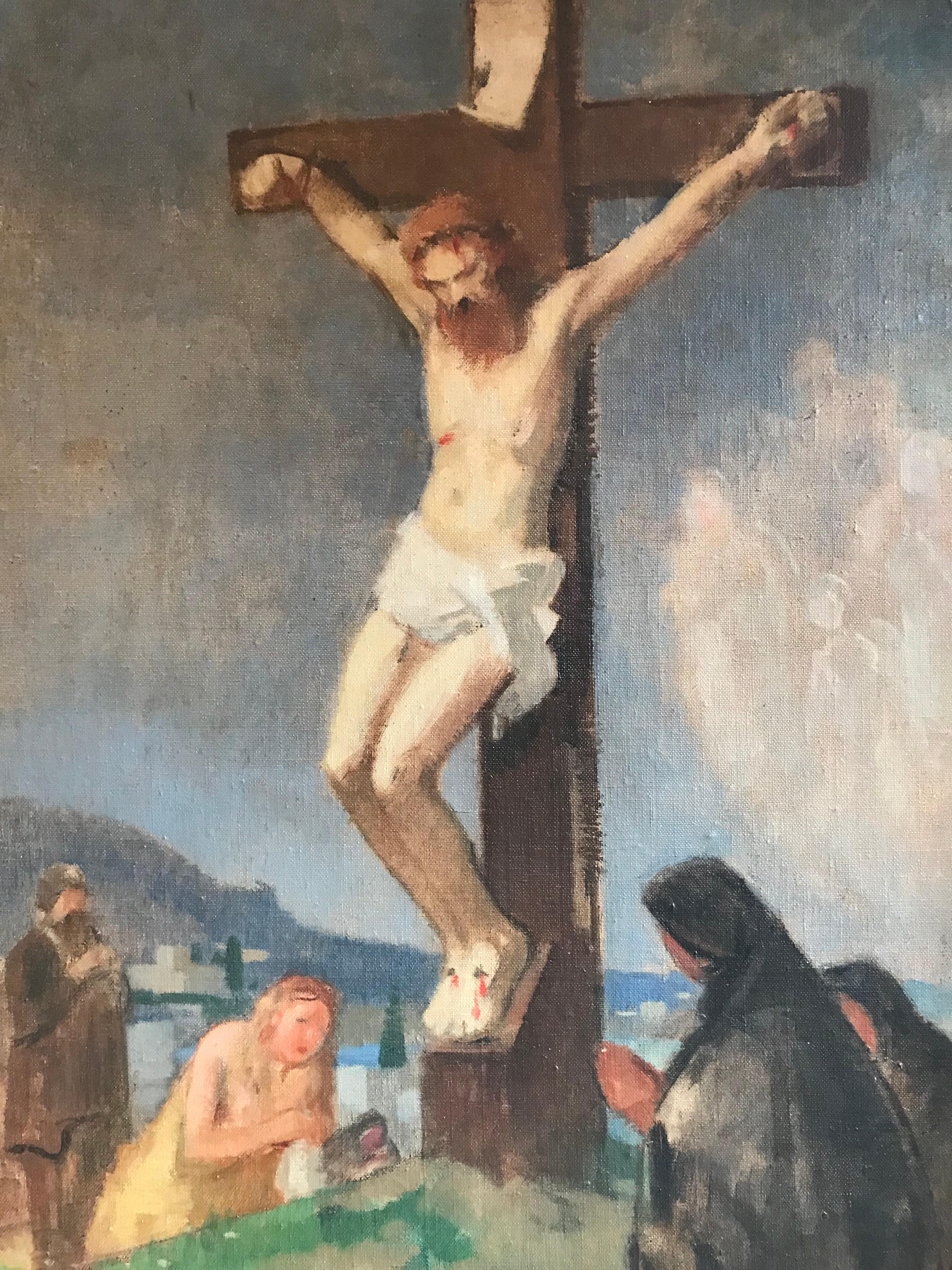 The Crucifixion
by Lucien Victor GUIRAND DE SCÉVOLA (French, 1871-1950) 
oil painting on canvas laid over board
presented in tryptich format within frame
framed measurements: 31 x 43 inches
provenance: private collection, France

Captivating