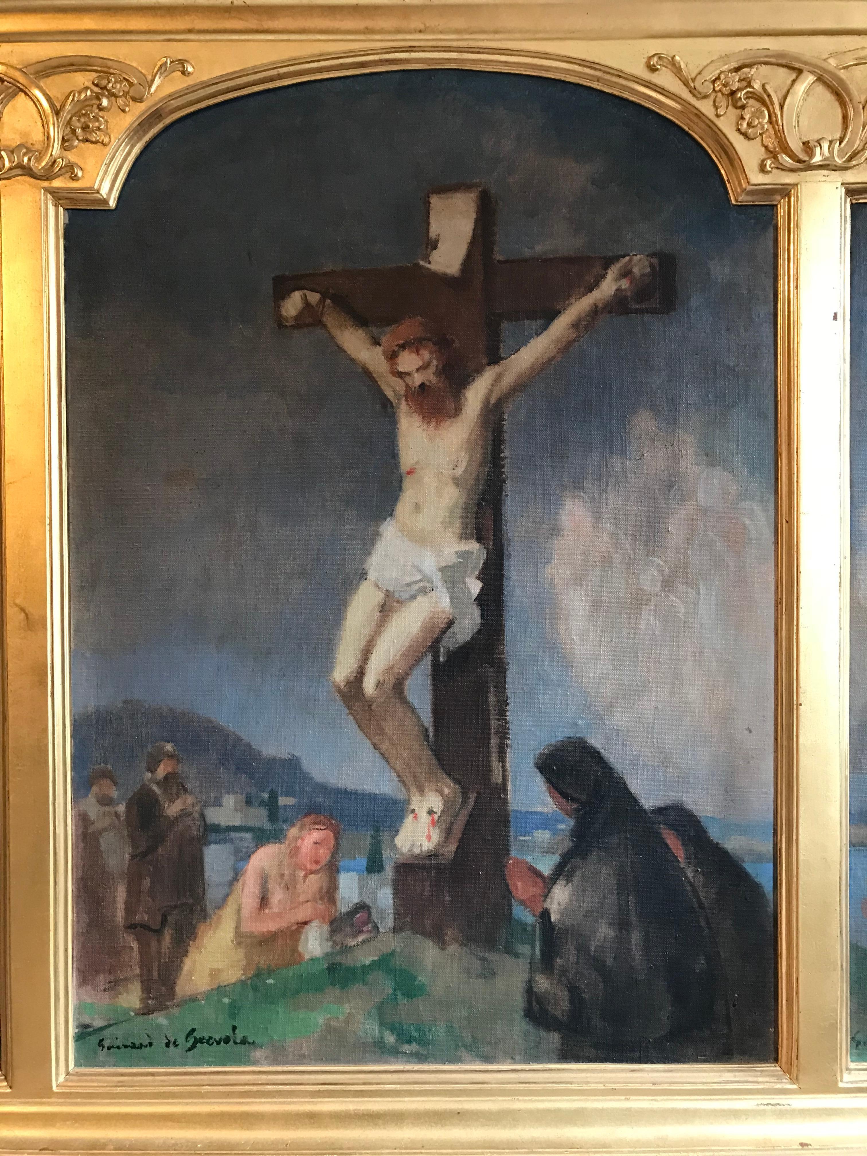 The Crucifixion Large Tryptich Oil Painting - Gray Figurative Painting by Unknown