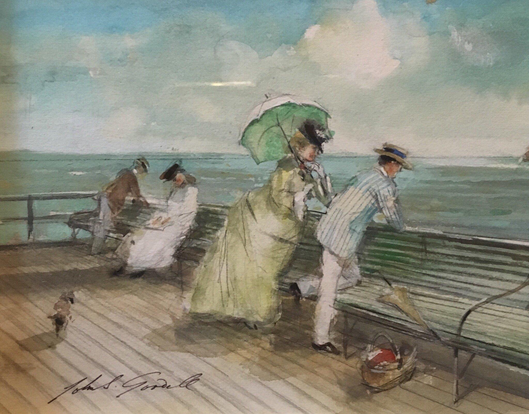 John Strickland Goodall Portrait Painting - Impressionist Portrait of a Couple at a Pier, Watercolour, British Artist, Signed