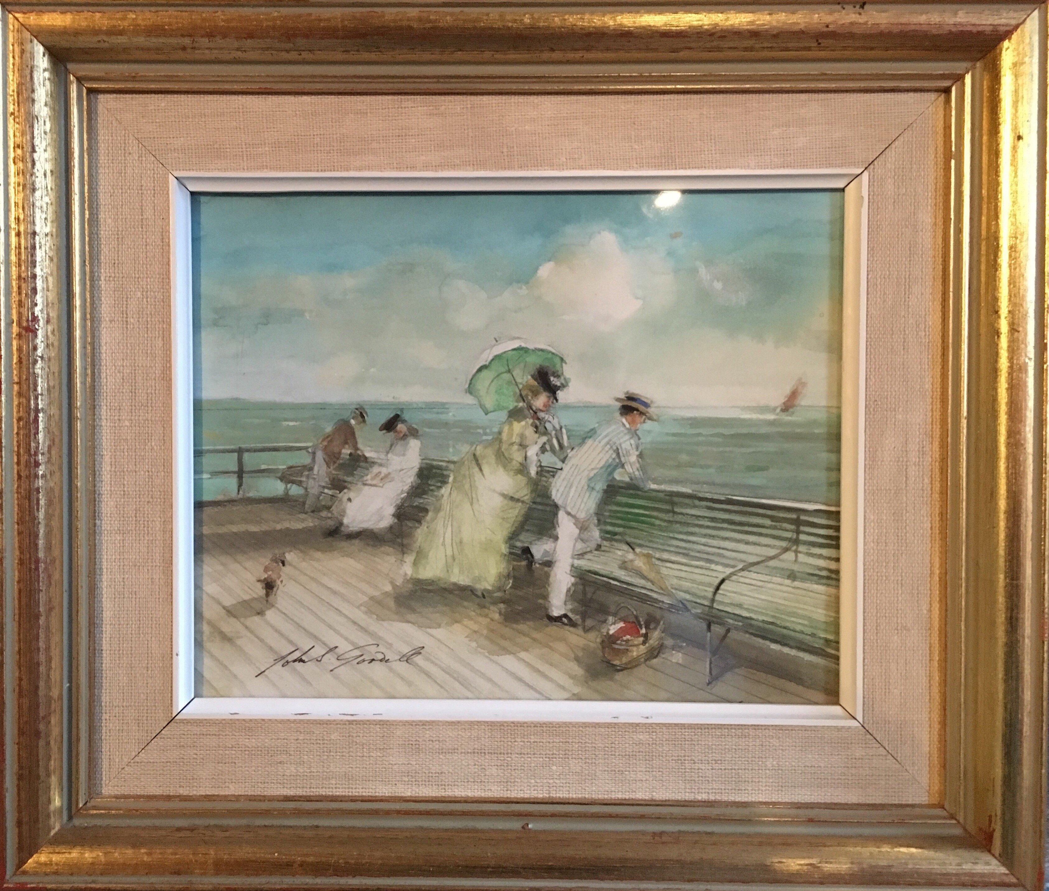Impressionist Portrait of a Couple at a Pier, Watercolour, British Artist, Signed - Painting by John Strickland Goodall