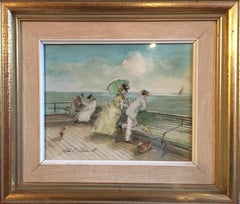 Impressionist Portrait of a Couple at a Pier, Watercolour, British Artist, Signed