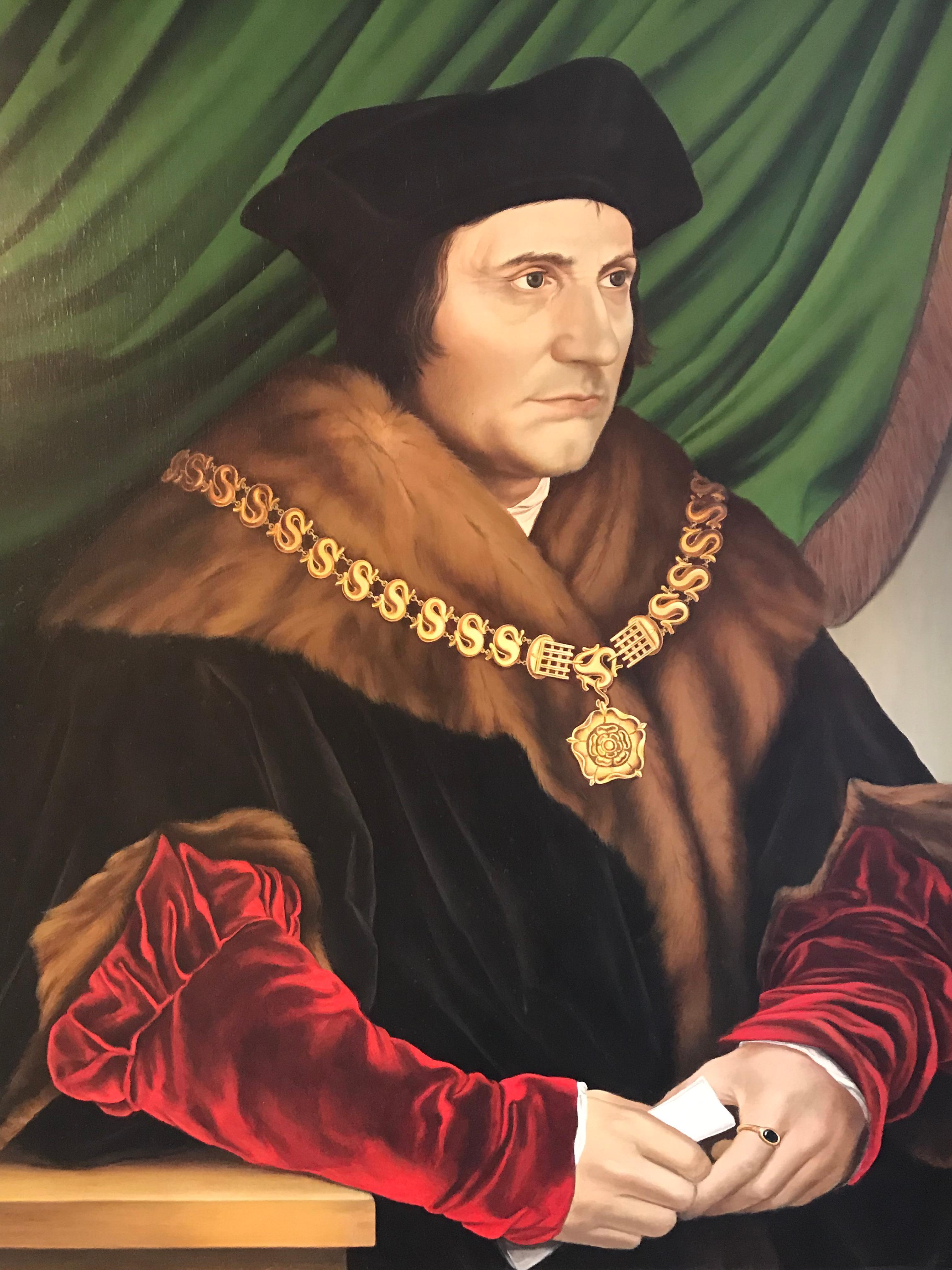 Sir Thomas More (1478-1535)
by Paul Workman, British historical portrait painter (contemporary)
after Hans Holbein
acrylic on board, framed
signed, inscribed and dated 1999 verso
painting: 29.75 x 23.5 inches
framed: 36.5 x 30.5 inches

Very fine,