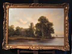 Large Tranquil Norfolk River Landscape & Anglo Saxon Church, English Oil Painting