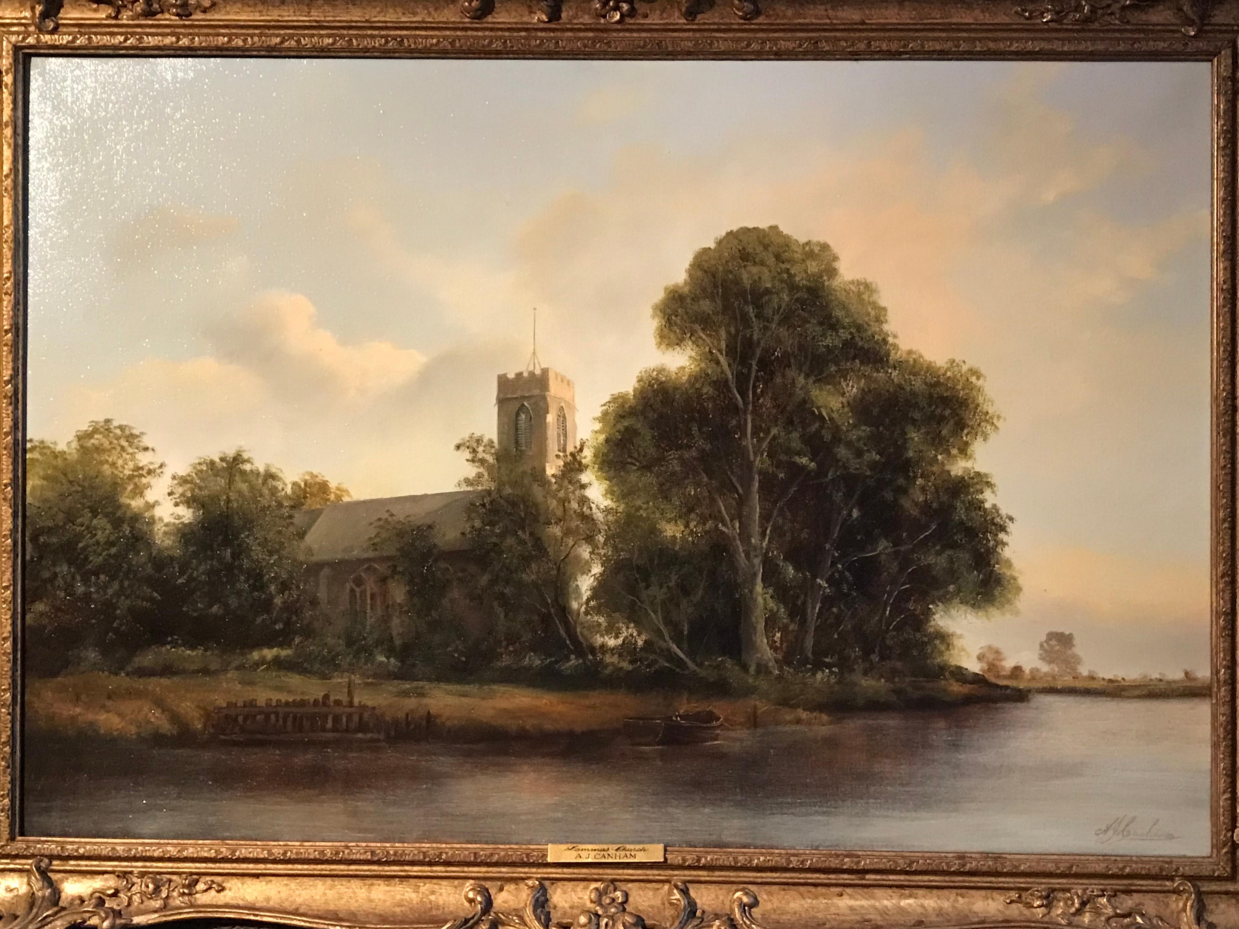 Large Tranquil Norfolk River Landscape & Anglo Saxon Church, English Oil Painting - Brown Landscape Painting by A. J. Canham