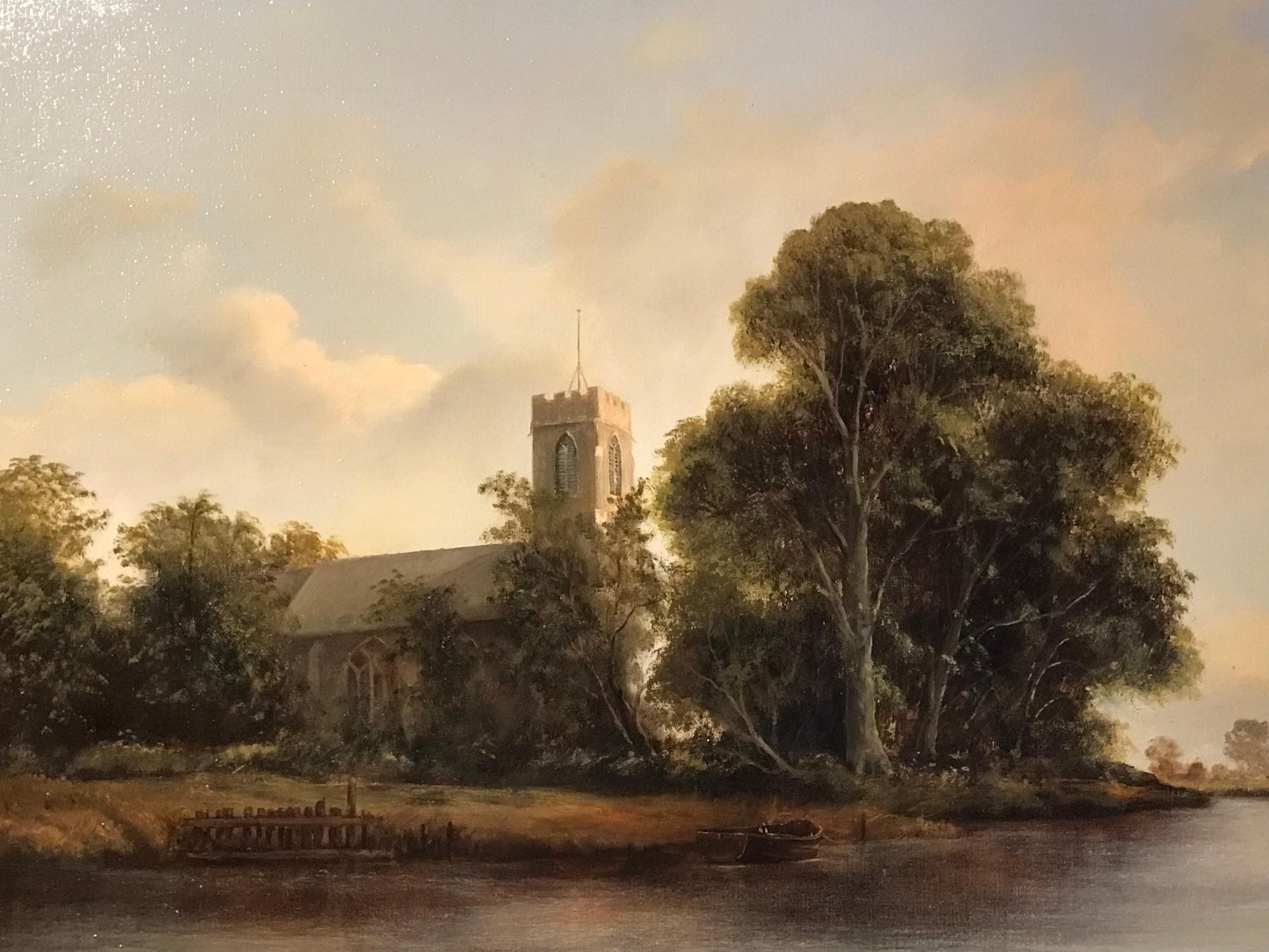 Lammas Church
by A. J. Canham, British 20th century
oil painting on canvas, framed
signed & titled
canvas: 24 x 36 inches
framed: 29.5 x 41.5 inches

Beautiful English oil painting depicting this fine river landscape in Norfolk. The location is