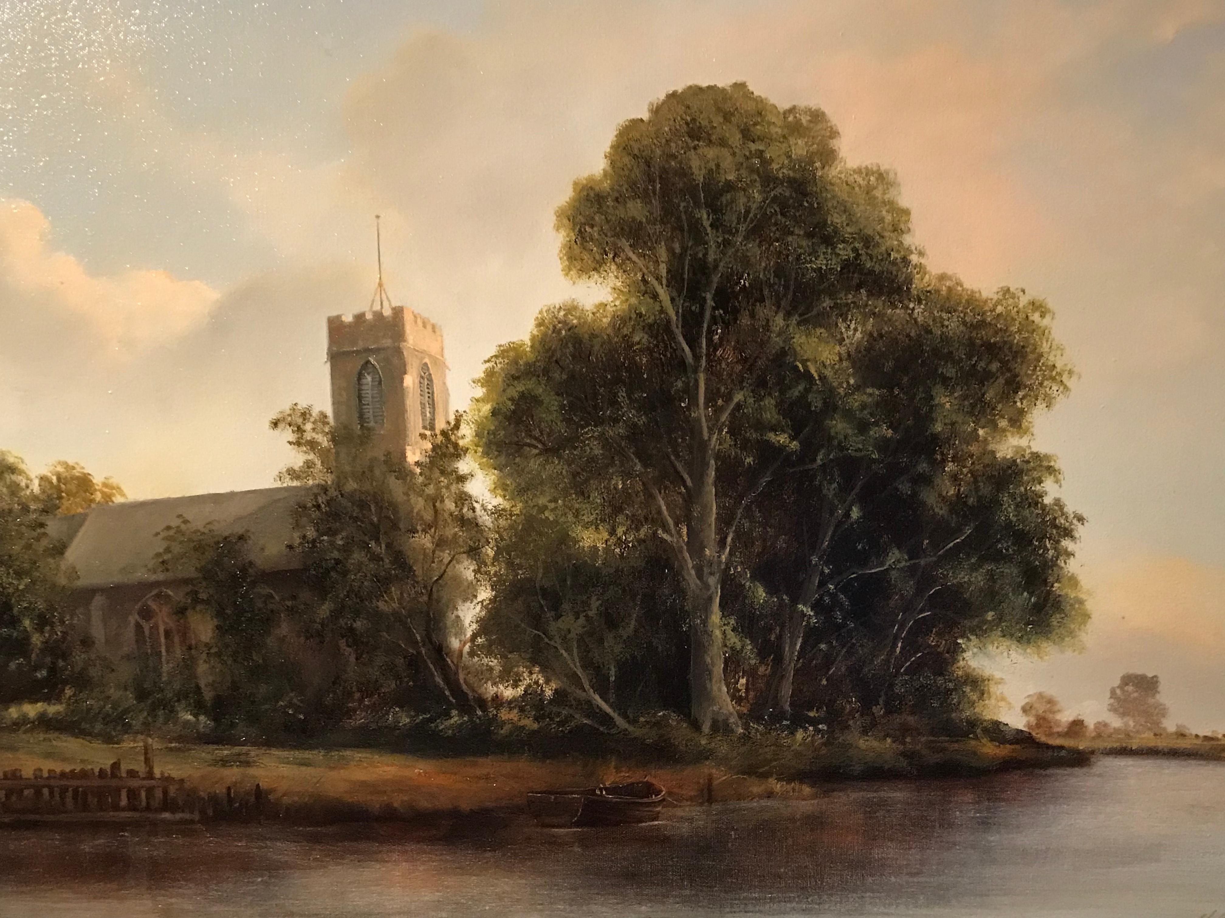 Large Tranquil Norfolk River Landscape & Anglo Saxon Church, English Oil Painting 1