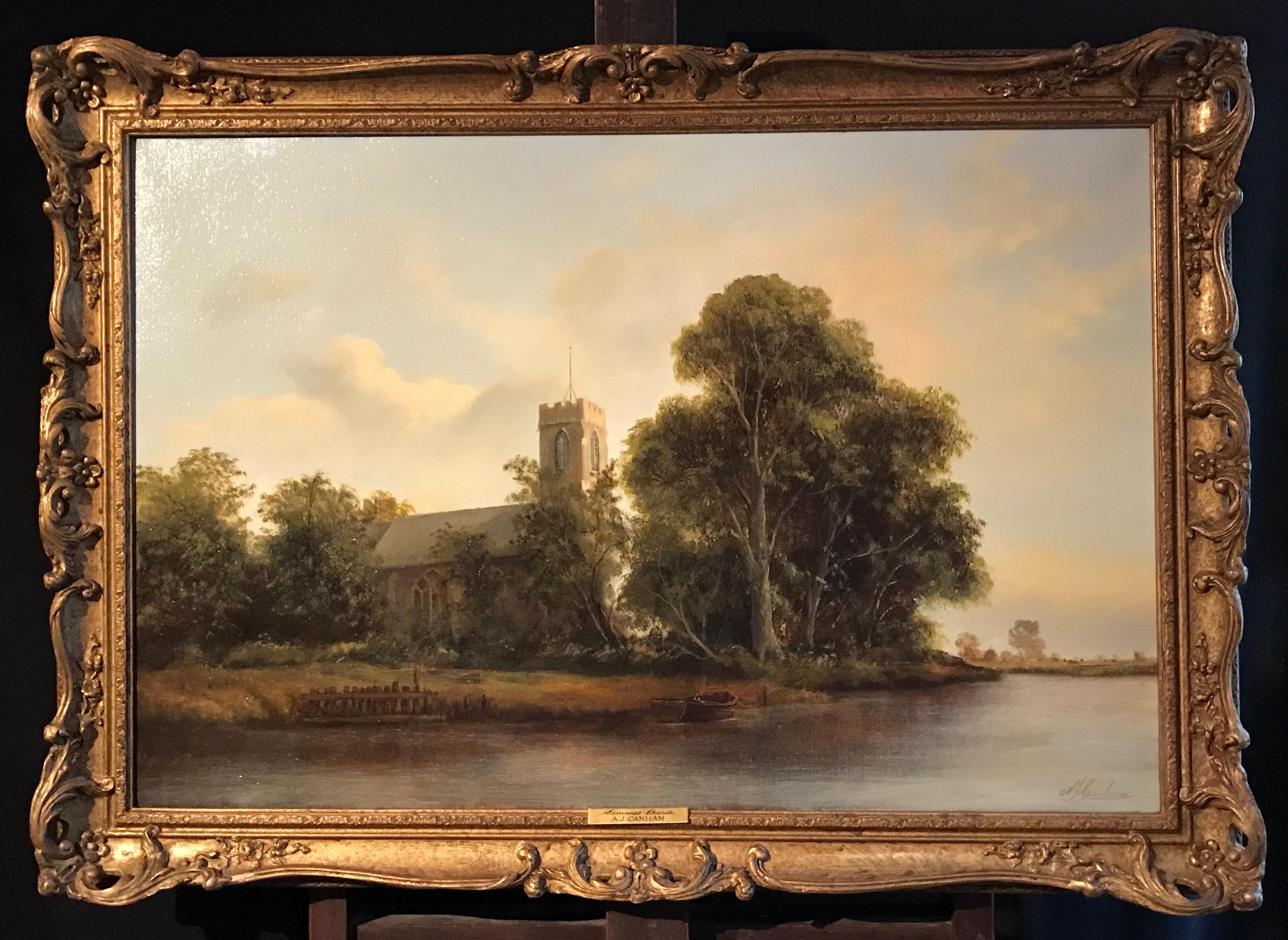 A. J. Canham Landscape Painting - Large Tranquil Norfolk River Landscape & Anglo Saxon Church, English Oil Painting