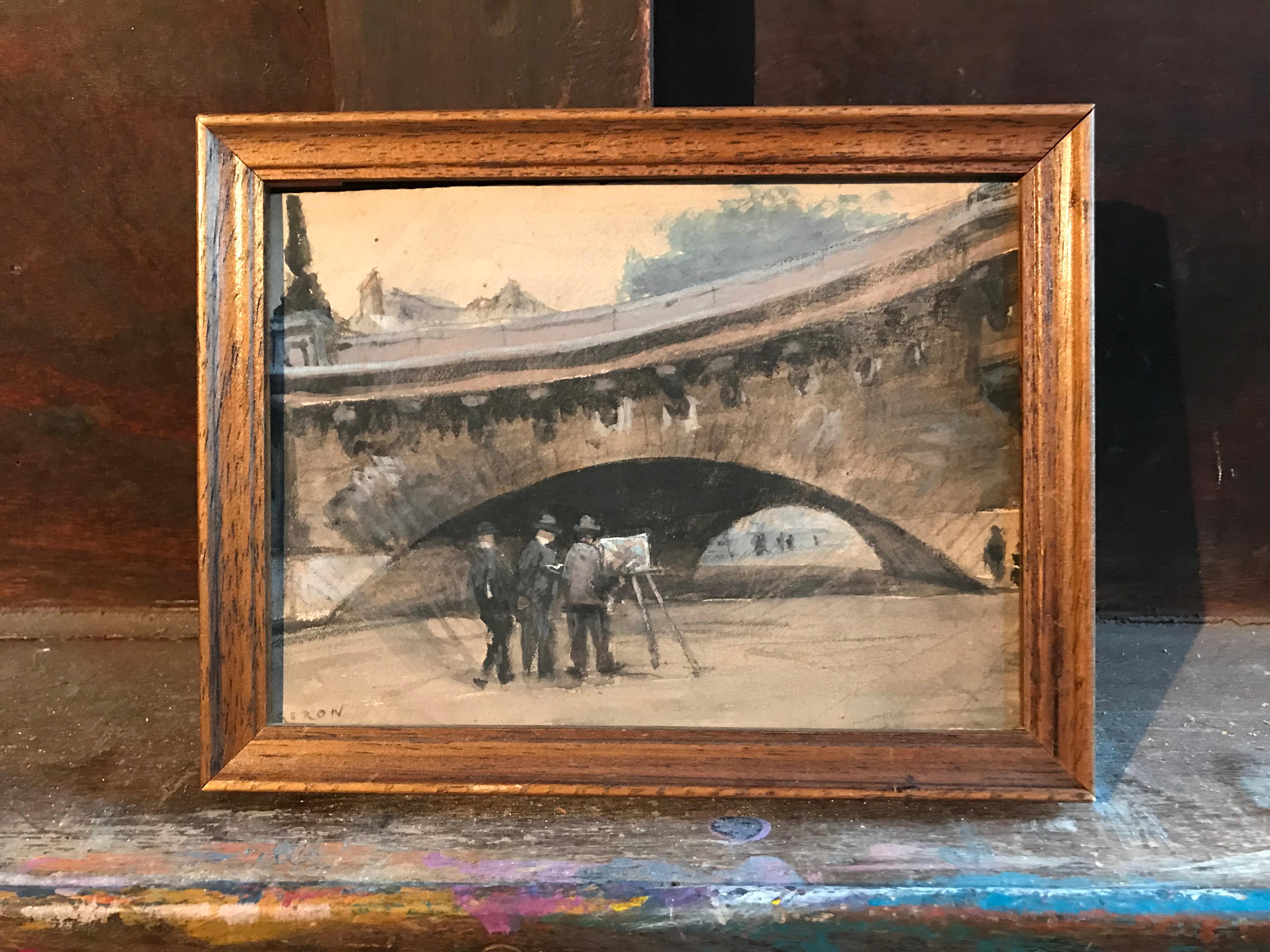Pintura bajo el Pont Neuf Río Sena París, Pintura Impresionista Fina - Painting de Rene Ligeron
