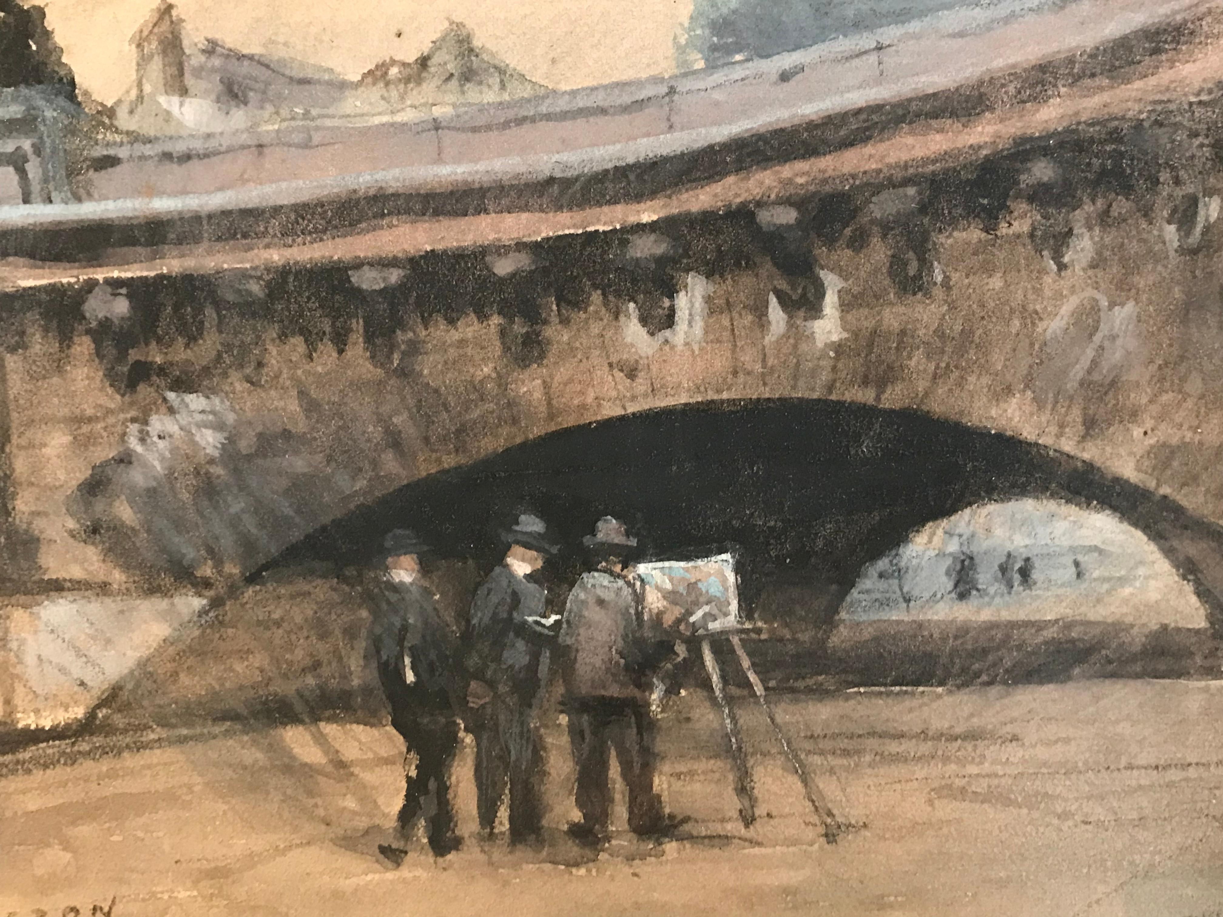 Landscape Painting de Rene Ligeron - Pintura bajo el Pont Neuf Río Sena París, Pintura Impresionista Fina