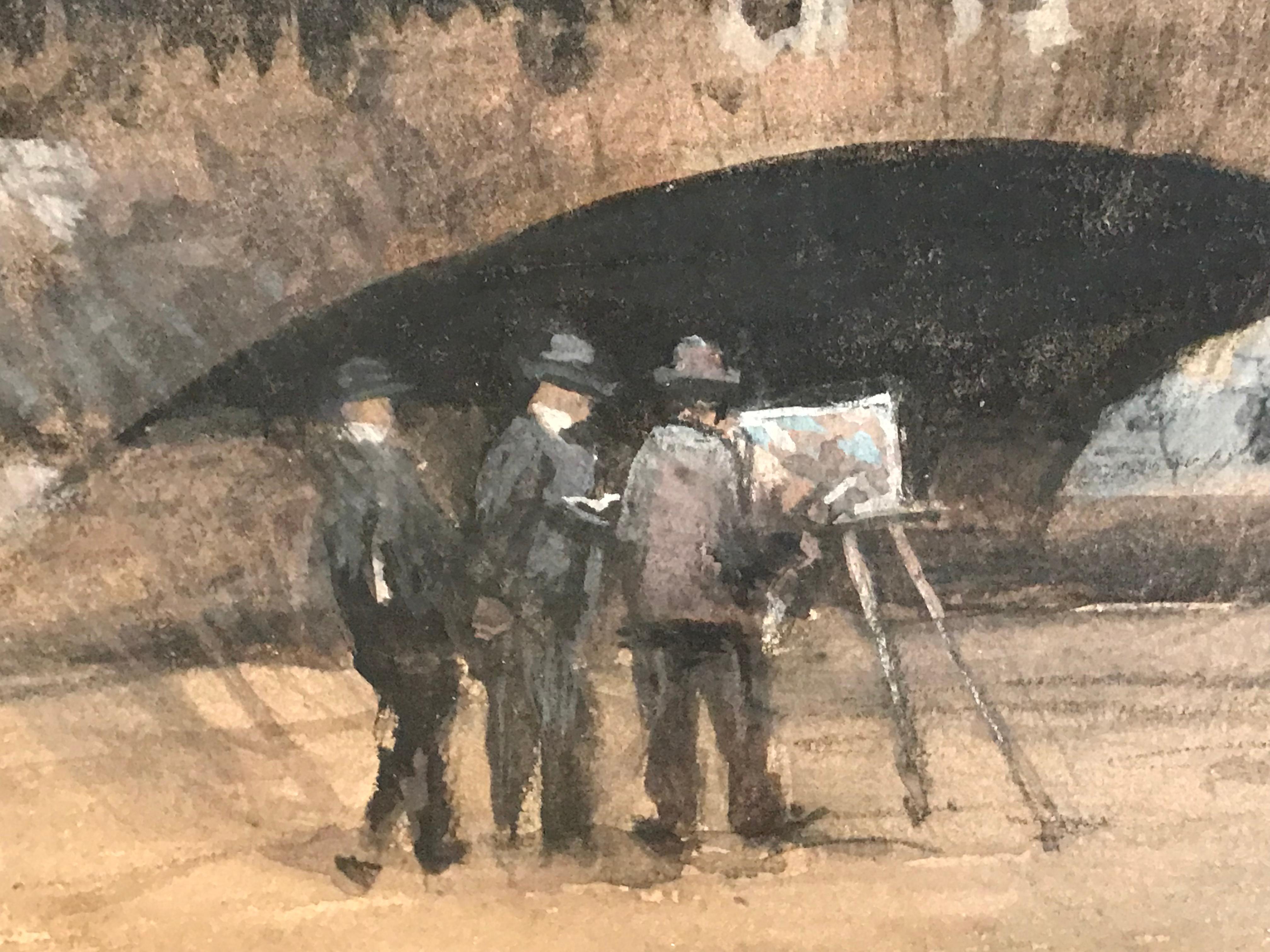 Pintura bajo el Pont Neuf Río Sena París, Pintura Impresionista Fina - Landscape Painting Marrón de Rene Ligeron