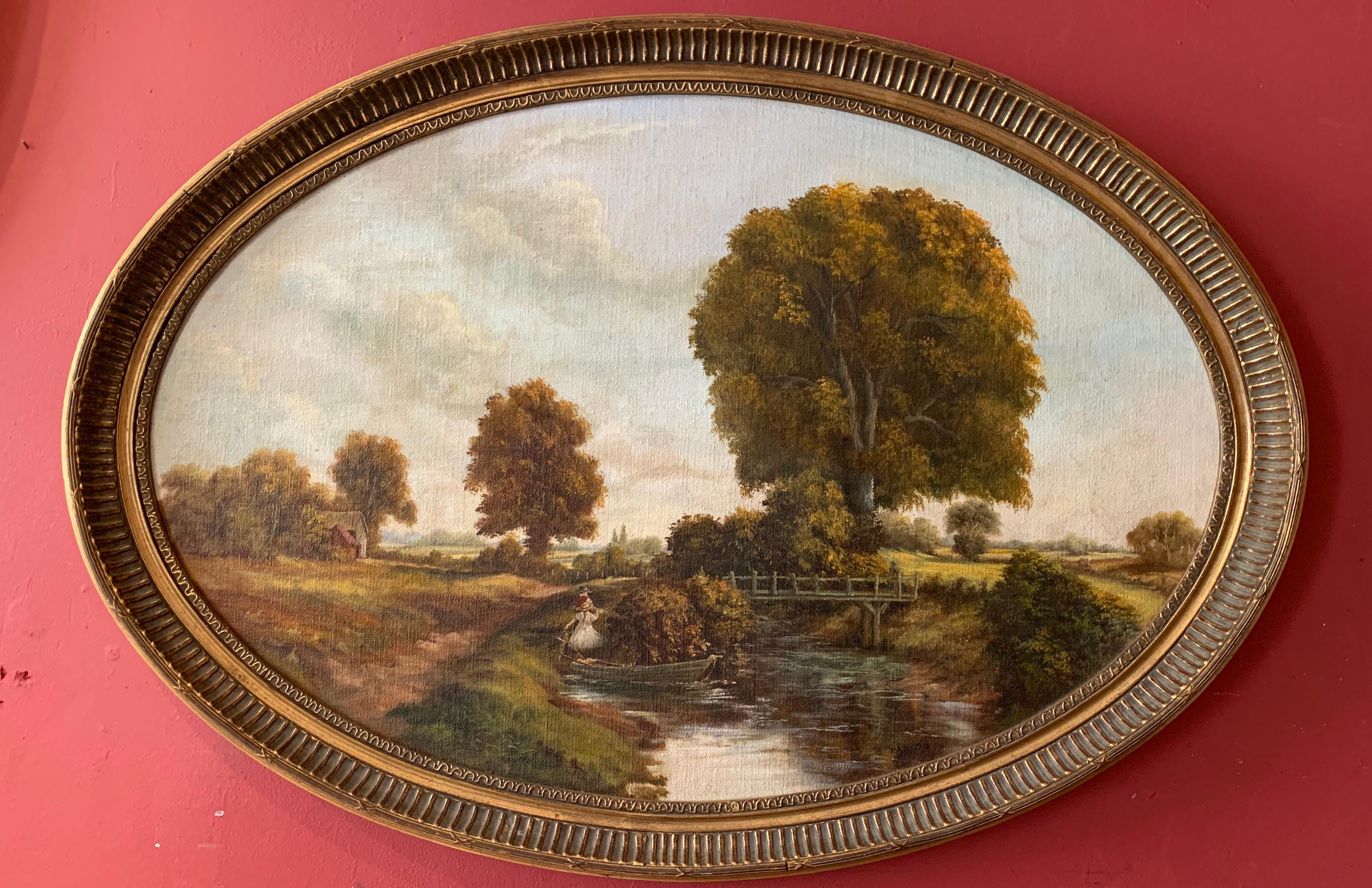 Large Traditional English Rural Oil Painting - Oval Gilt Frame - Brown Figurative Painting by Unknown