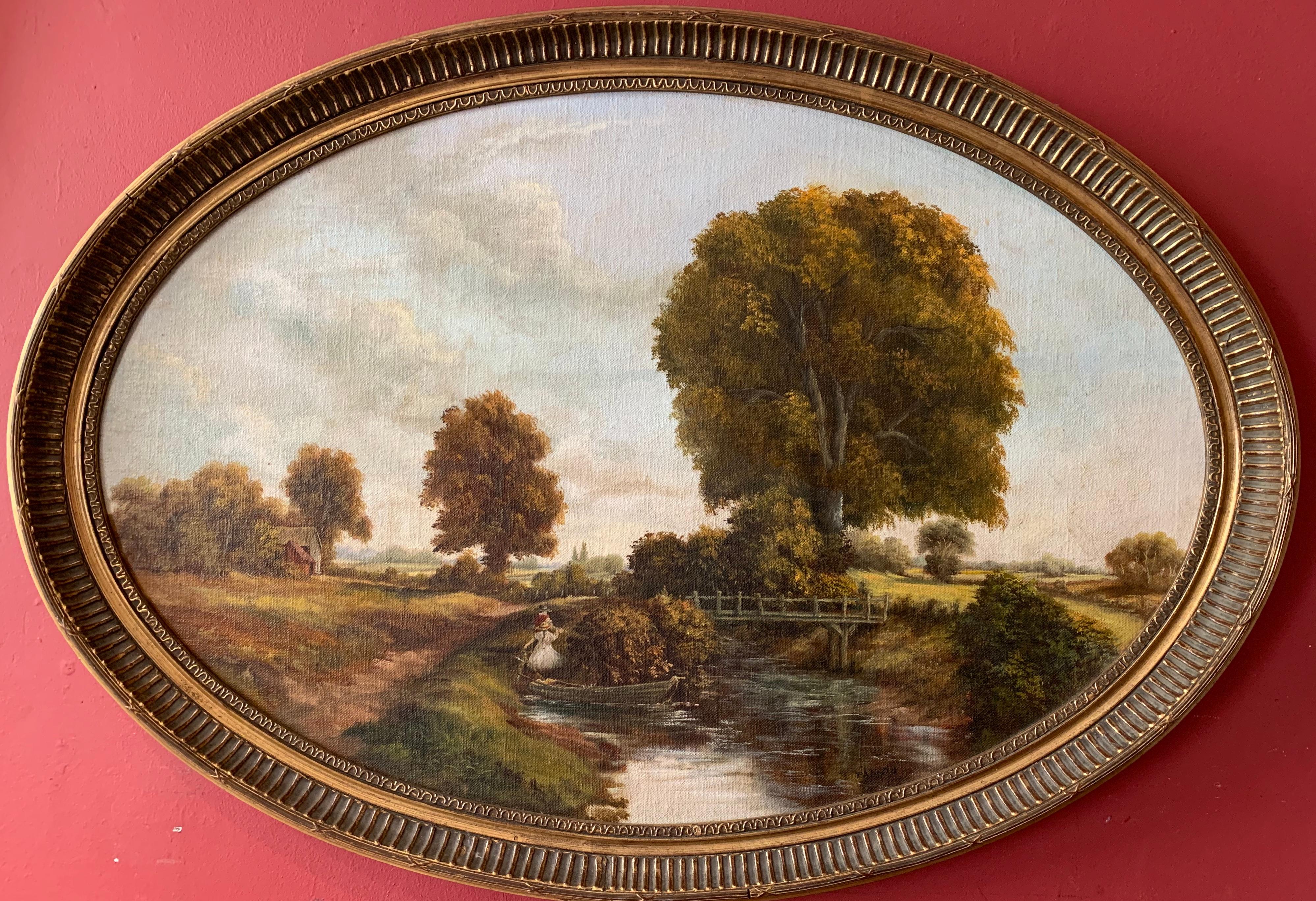 Unknown Figurative Painting - Large Traditional English Rural Oil Painting - Oval Gilt Frame