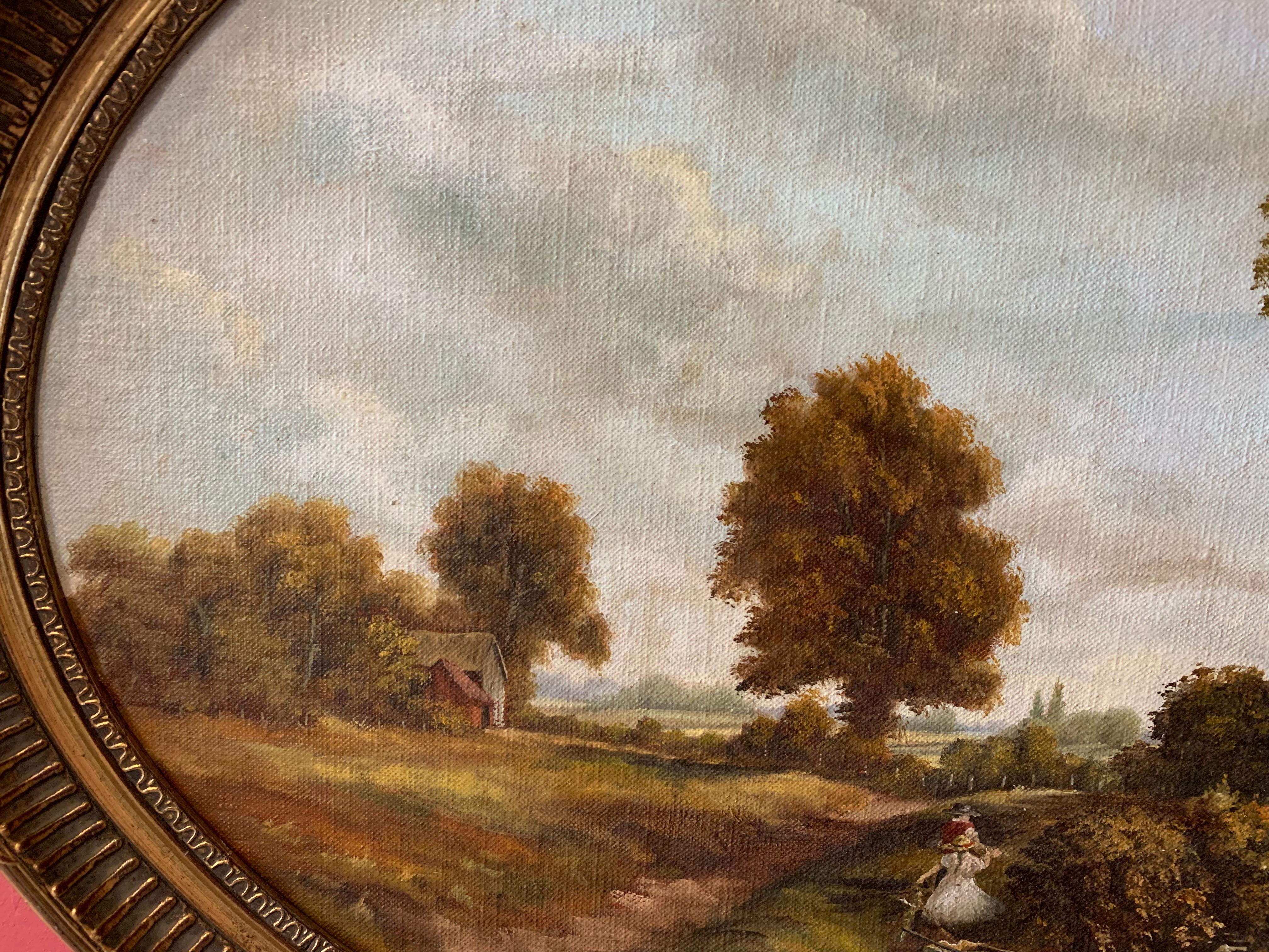 Large Traditional English Rural Oil Painting - Oval Gilt Frame 2