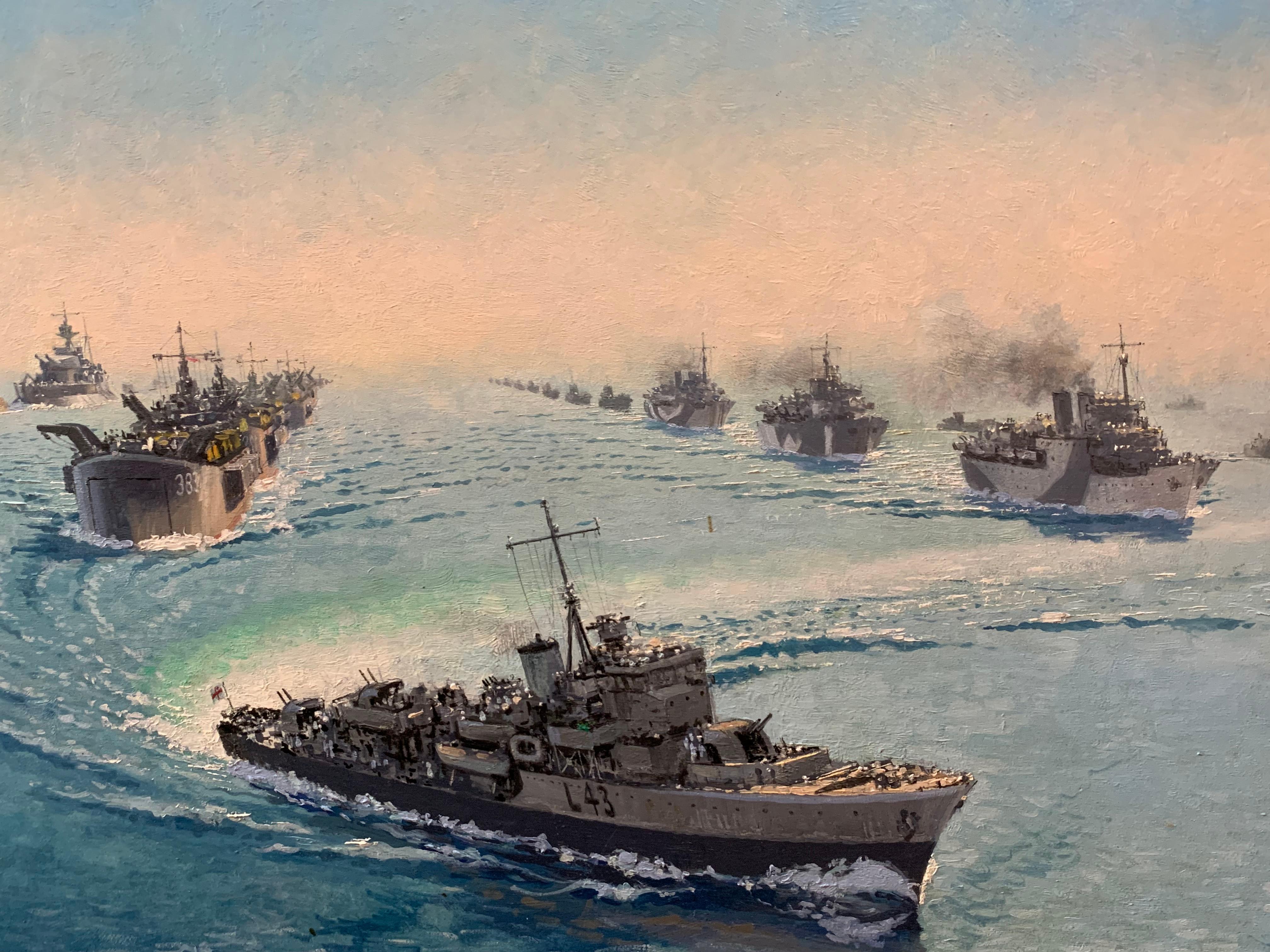 Salerno Invasion Huge World War 2 Naval Battle Scene signed oil painting - Painting by John Worsley