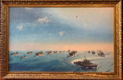 Invasion de Salerno - Grande peinture à l'huile signée représentant une scène de bataille navale de la Seconde Guerre mondiale
