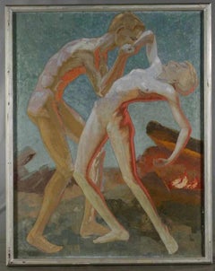 1920's Dancing Nude Couple - Huge German Symbolist Oil Painting on Canvas