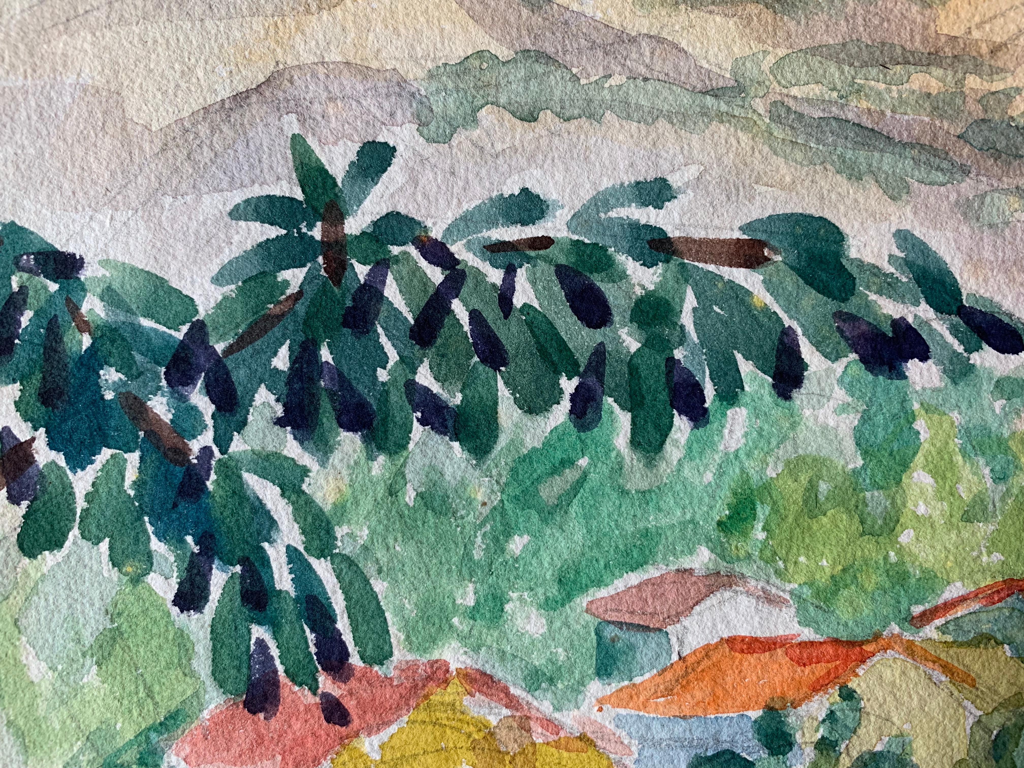 Paesaggio provenzale
di Louis Bellon (francese, 1908-1998)
firmato con iniziali, datato 1943
acquerello su carta, senza cornice
misure: 10 x 14 pollici

provenienza: collezione privata di opere dell'artista, Provenza, Francia

Condizioni generali: