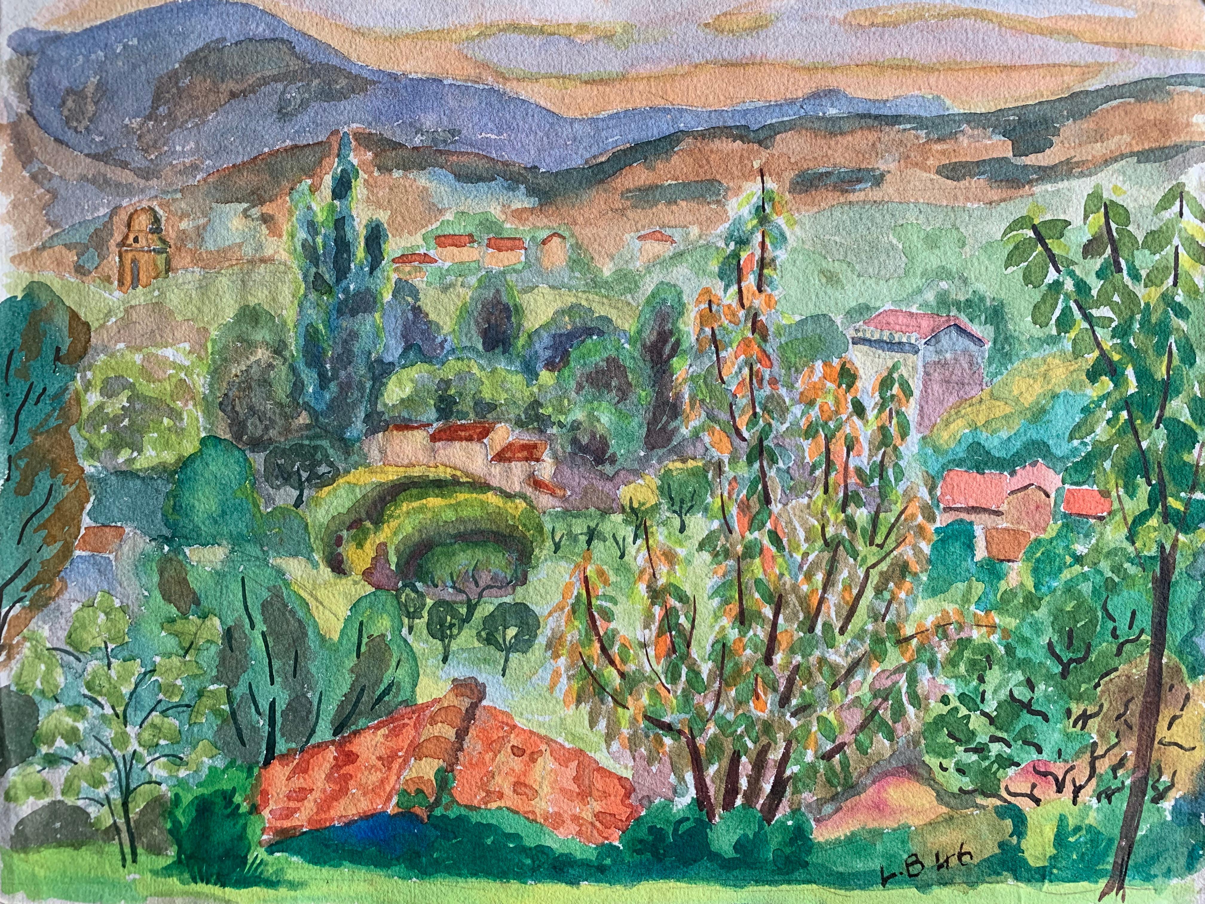 Louis Bellon Landscape Art - Provence Sunset Landscape Post-Impressionist Signed 1940's Painting