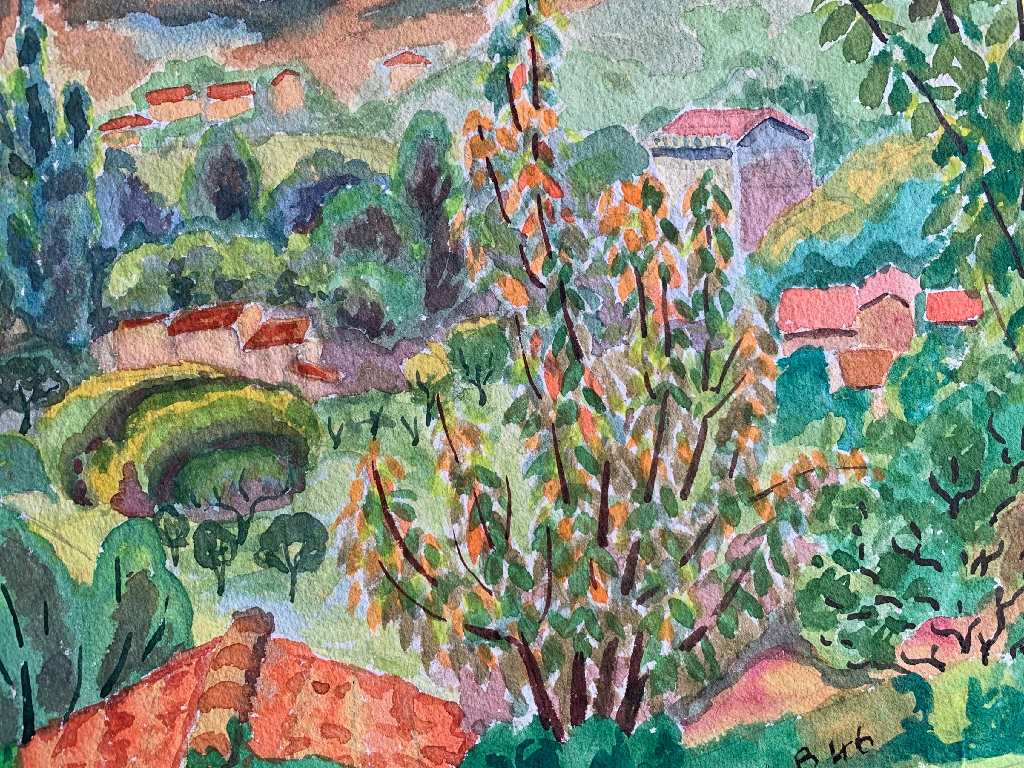 Provence Sunset Landscape Post-Impressionist Signed 1940's Painting - Gray Landscape Art by Louis Bellon