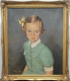 20th Century Portrait Oil Painting of Young Girl in Green Dress