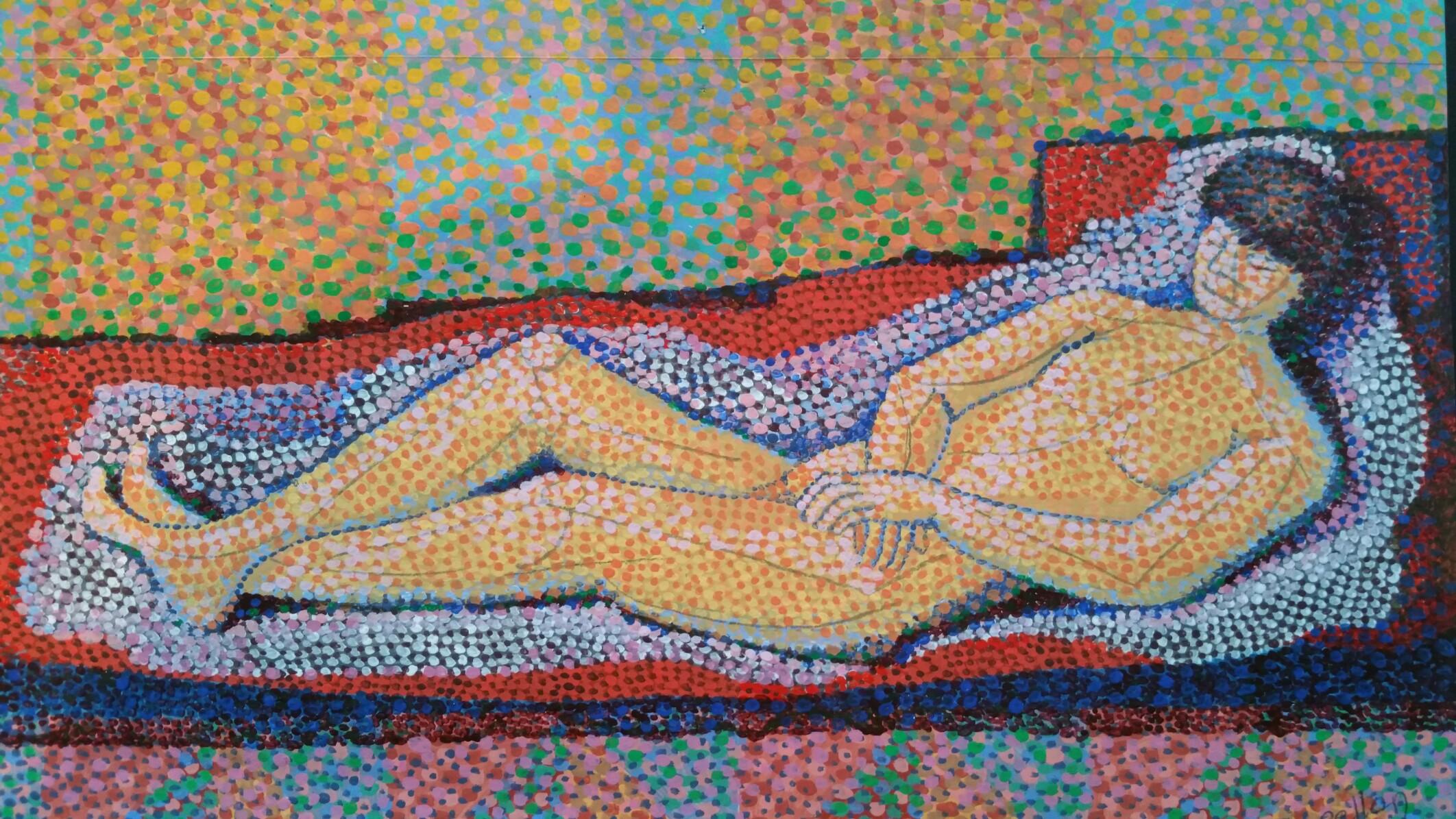 French Neo-Impressionist Pointillist Reclining Nude Mid 20th Century Painting