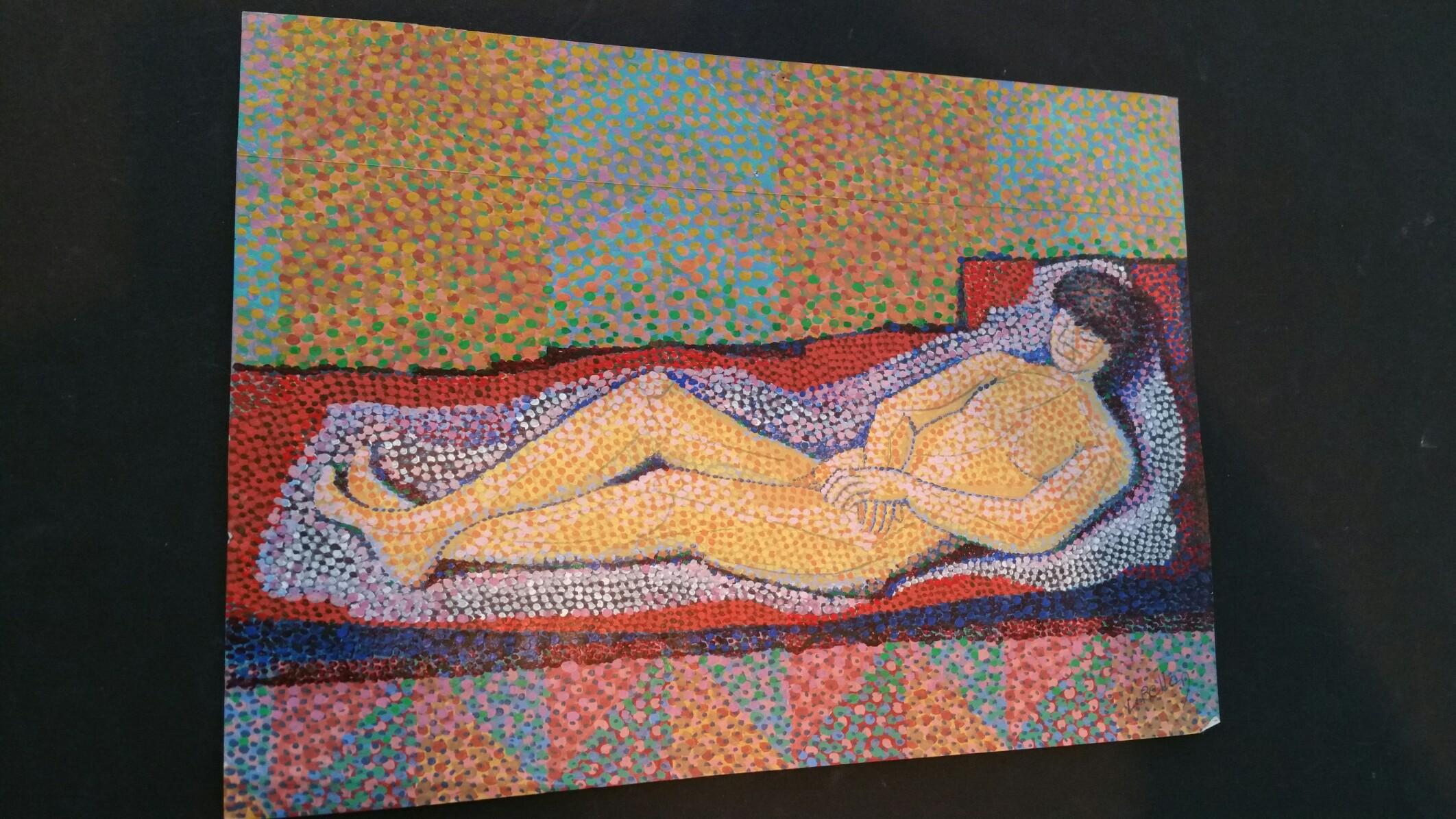 Peinture néo-impressionniste pointilliste française, Nu couché, milieu du 20e siècle - Pointillisme Painting par Louis Bellon