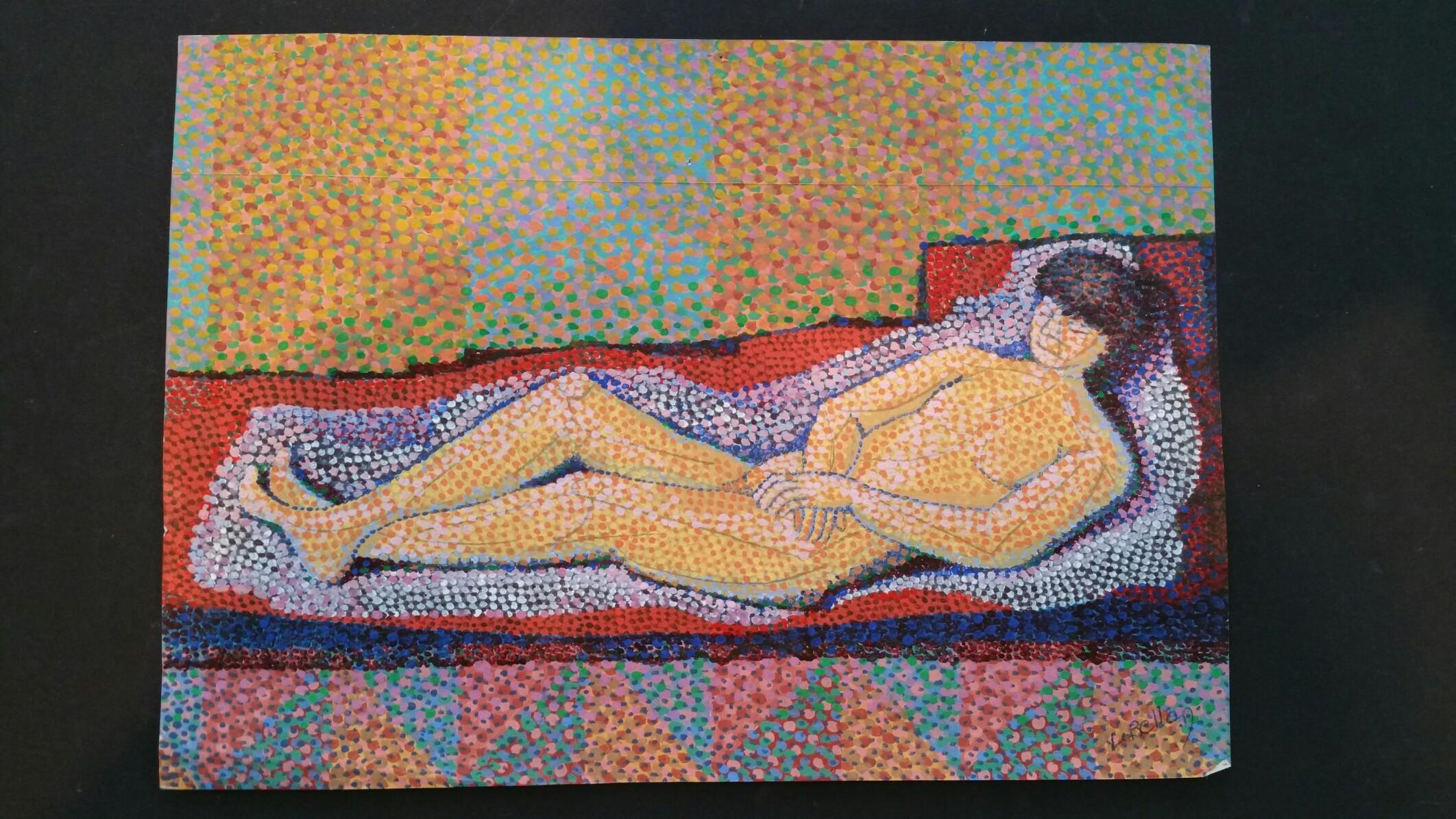 Peinture néo-impressionniste pointilliste française, Nu couché, milieu du 20e siècle - Painting de Louis Bellon