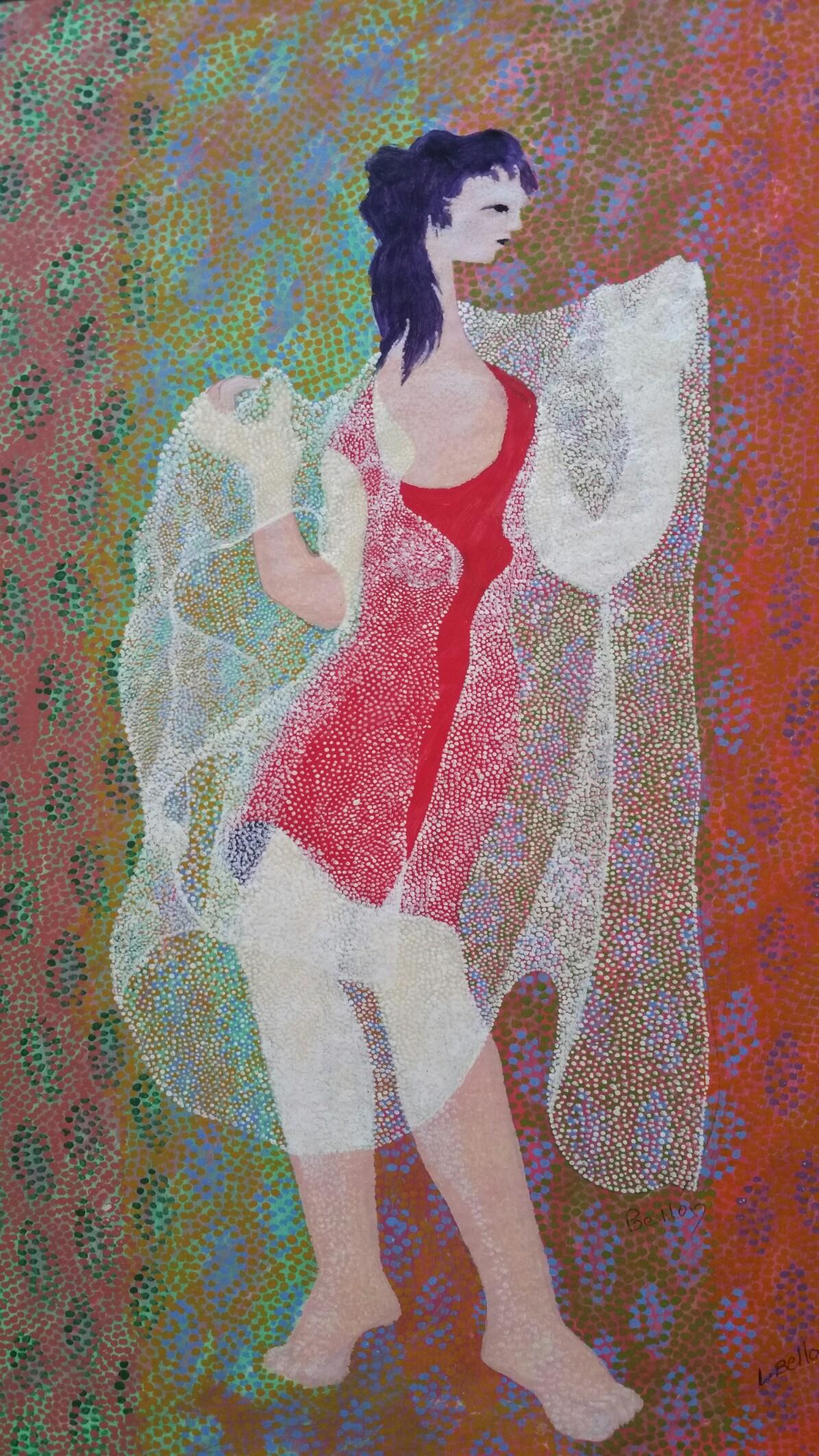 French Neo-Impressionist Pointillist Red Dress Mid 20th Century Painting