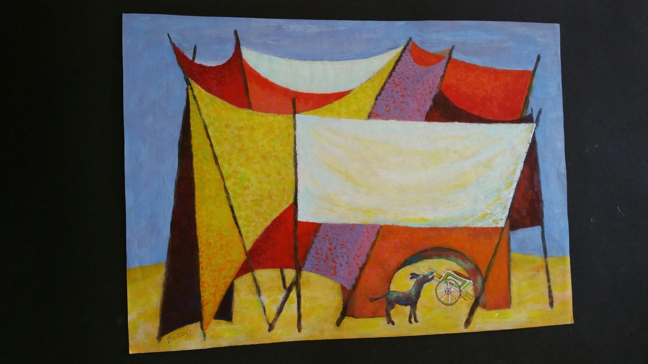 French Neo-Impressionist Modernist Dog in a Tent Mid 20th Century Painting For Sale 4