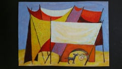 Peinture néo-impressionniste française d'un chien moderniste dans une tente, milieu du 20e siècle